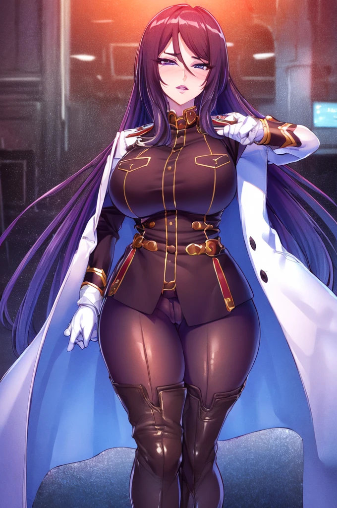 (score_9, score_8_up, score_7_up, score_6_up, uncensored, BREAK, beatrice kushan is standing, hand on own hip, pointing, pointing at self, spoken exclamation mark, cowboy shot, legs apart, 5 fingers, 1girl, mature female, solo, looking at viewer, determined, head tilt,  parted lips, long hair, purple eyes, lipstick, lips, (mole under eye:0.8), military uniform, brown pants, thigh boots, white gloves, white coat, coat on shoulders, curvy, large breasts, thighs, indoors, spacecraft, window, space, night, best quality:1.4, intricate details, sharp focus, highres,  ultra high res, High quality texture, High quality shadows, vivid colors, detailed eyes, chromatic aberration, depth of field, soft lighting, masterpiece, best quality, intricate, highly detailed, smooth, sharp focus, highly detailed art,  trending on Artstation, 8K, amazing shadows, (highly detailed background: 1.2), 