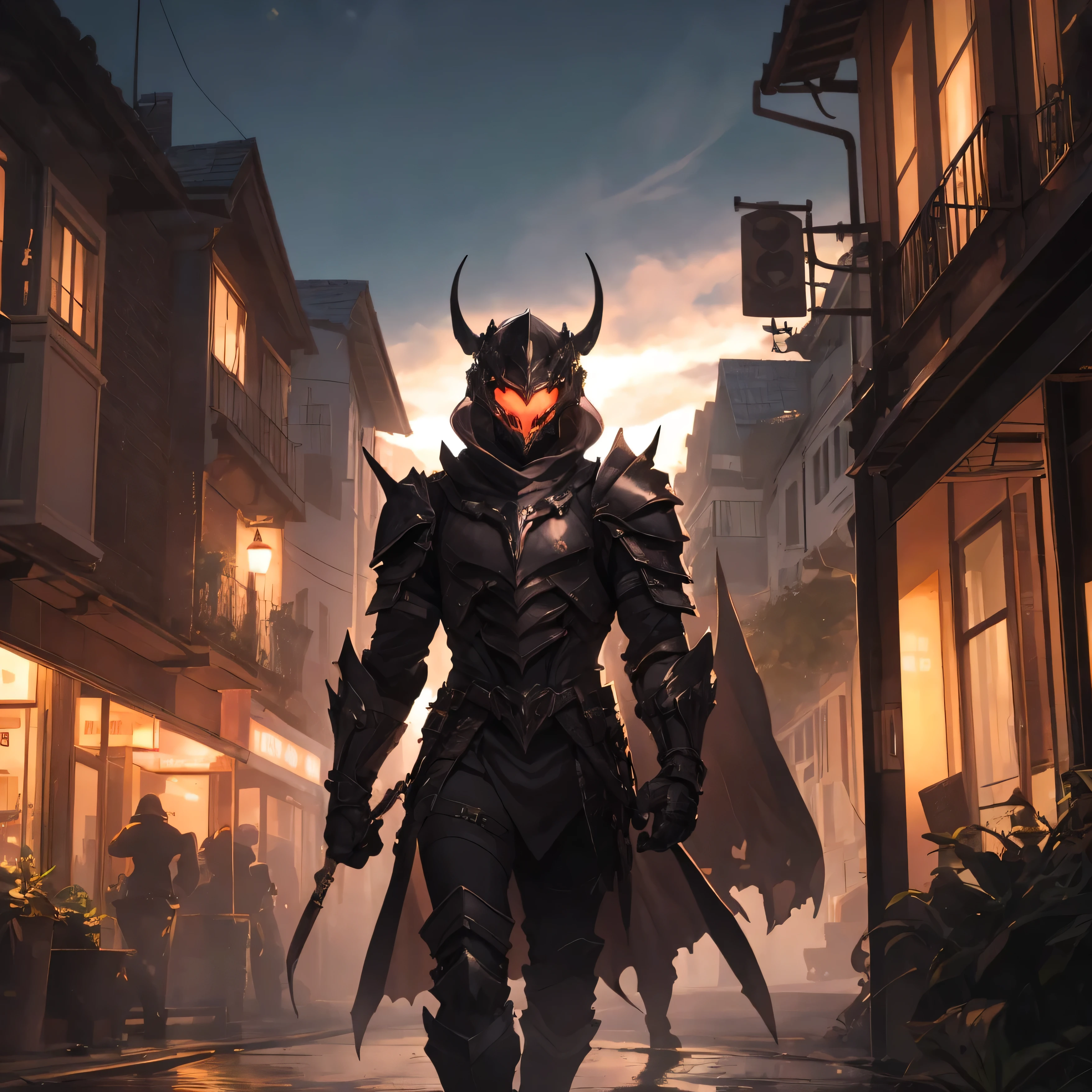 monster, female, black armor, helmet with horns, pink light glowing, cape, outdoors, village, walking
