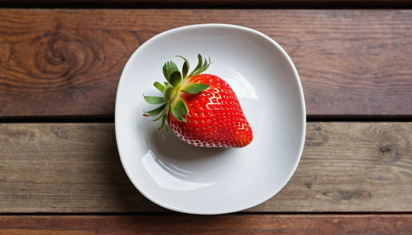 ((Top Quality)), ((Masterpiece)), A Strawberry, on the dish, wooden table, view from above