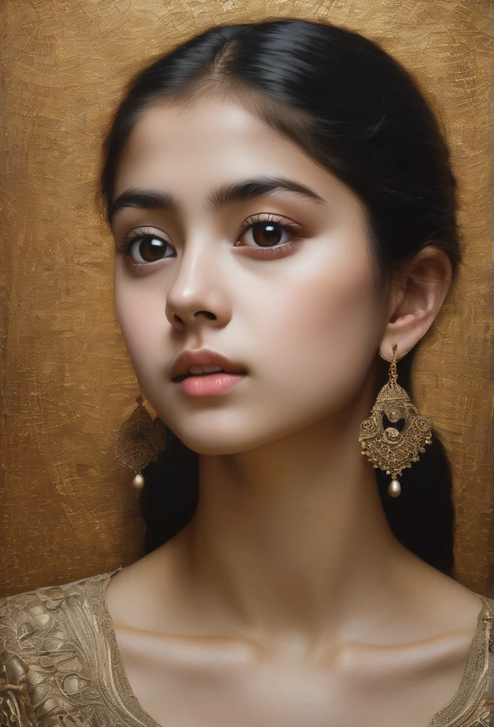 (Absurd:1.5), (Masterpiece:1.3), stunning masterpiece in the grain technique featuring a teenage girl with large, expressive eyes. The composition focuses on her upper body, showcasing a graceful tilt of her neck. She gazes directly at the viewer, evoking a sense of connection and intrigue. The background is softly blurred to emphasize her delicate features and the intricate details of the grain texture.