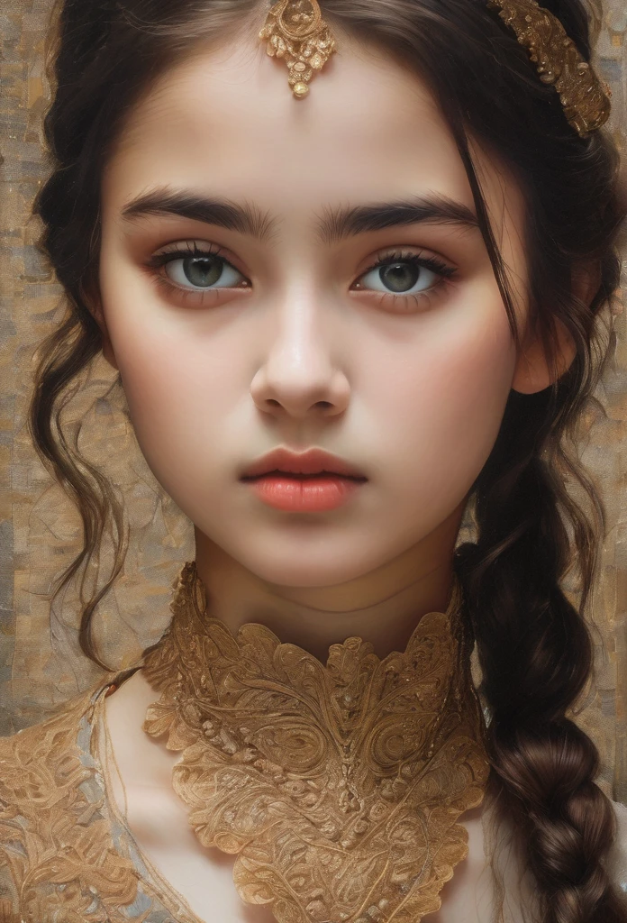 (Absurd:1.5), (Masterpiece:1.3), stunning masterpiece in the grain technique featuring a teenage girl with large, expressive eyes. The composition focuses on her upper body, showcasing a graceful tilt of her neck. She gazes directly at the viewer, evoking a sense of connection and intrigue. The background is softly blurred to emphasize her delicate features and the intricate details of the grain texture.