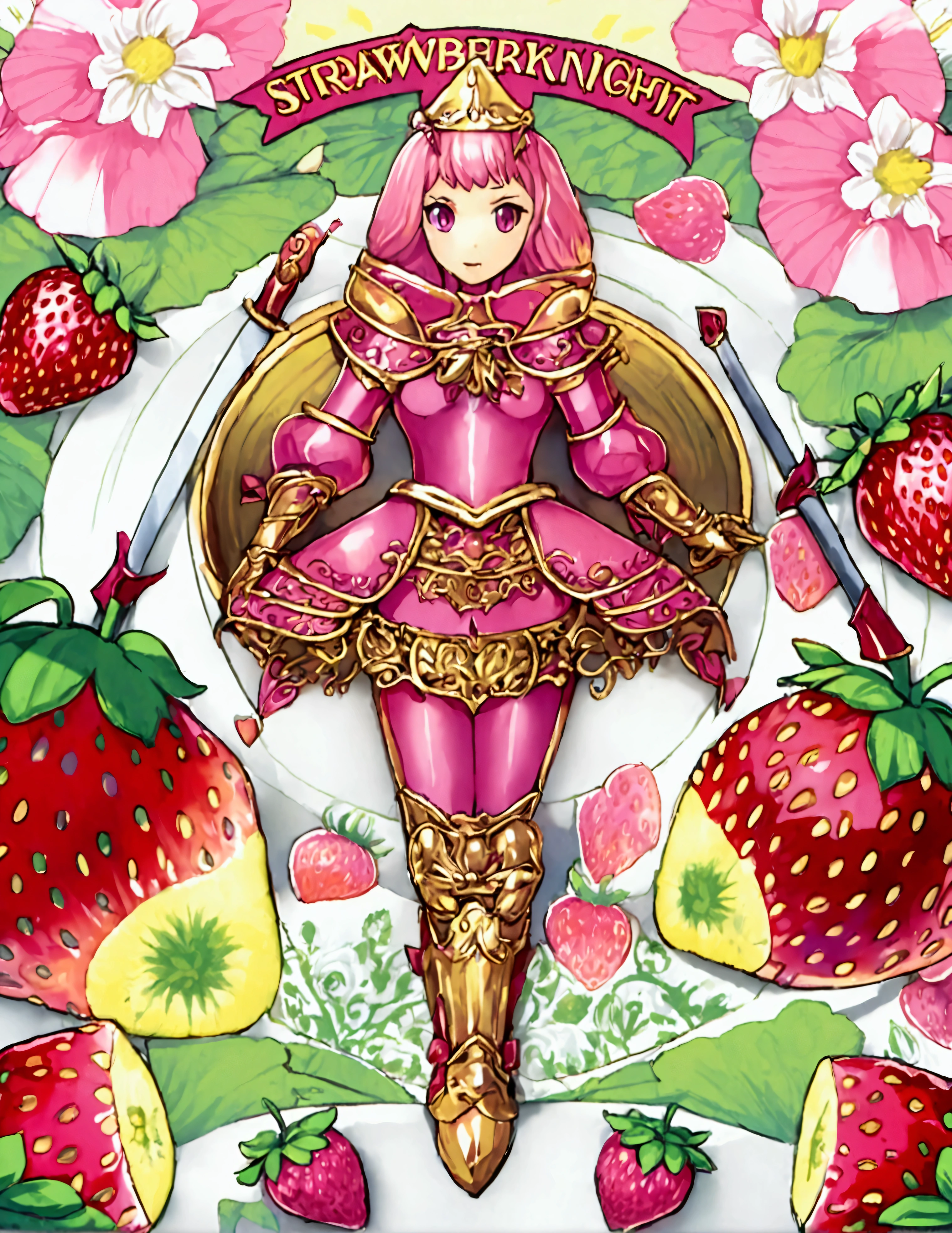 A Strawberry Knight (female, strawberry like face, strawberry themed and decorated plate mail (electric pink tint), strawberry decorated sword) standing at attention by the pineapple king, fruit salad city medieval themed
