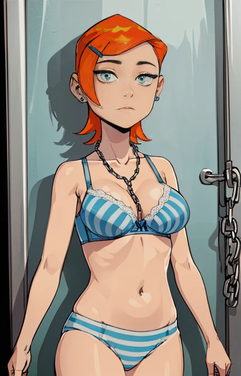 ((masterpiece, 1 girl, Alone, women, Cuerpo de women, women madura, milf)), (high quality), 8k, (Perfect eyes, perfect face, (Light blue bra)), standing, joke, at the door, bedroom background,(((big hips, Cuerpo de women, women madura, medium breasts, striped panties, chain, Correa)))