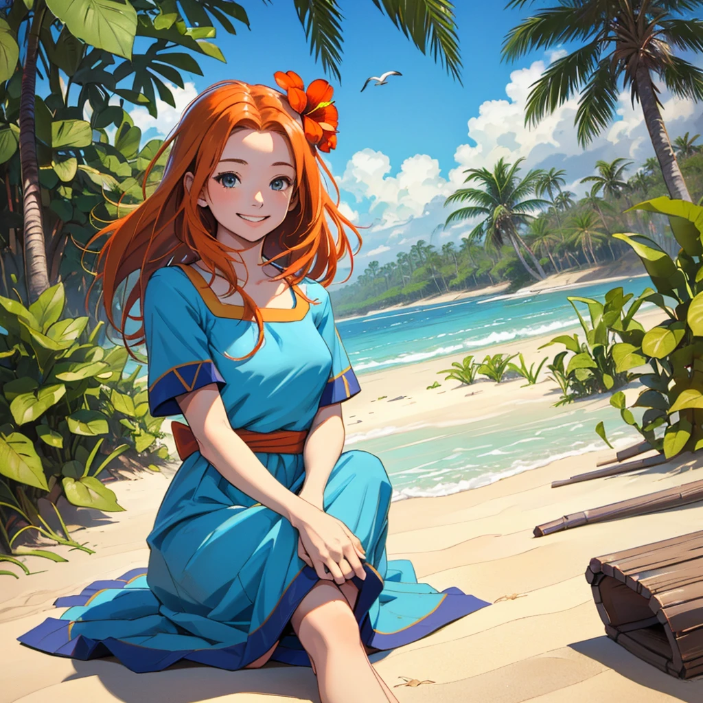 High resolution:2, high quality:2, solo:2, 1girl, Marin, wearing blue dress, orange hair, red flower in hair, at the beach, sitting, sand, palm trees, smiling, seagulls flying,