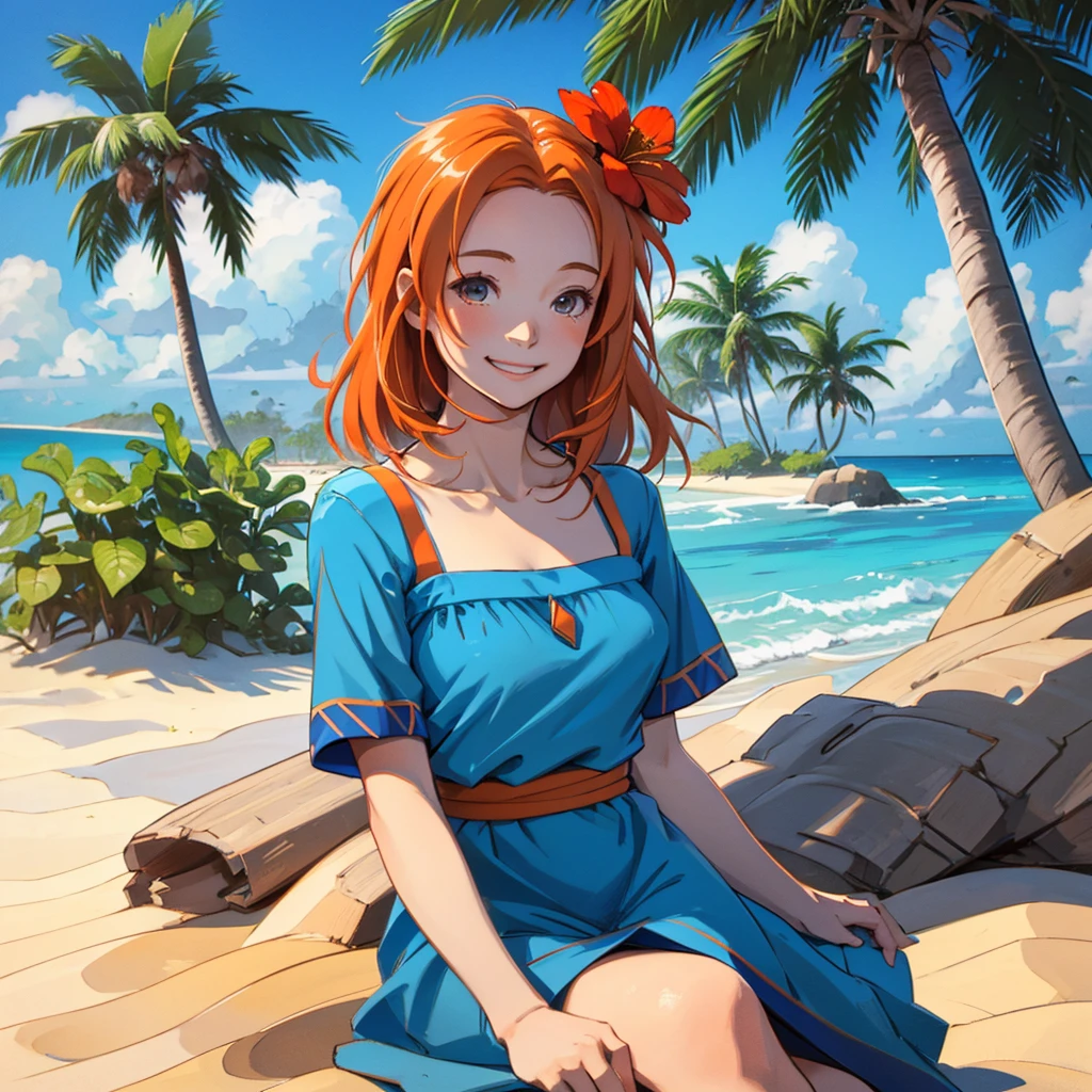 High resolution:2, high quality:2, solo:2, 1girl, Marin, wearing blue dress, orange hair, red flower in hair, at the beach, sitting, sand, palm trees, smiling, seagulls flying,