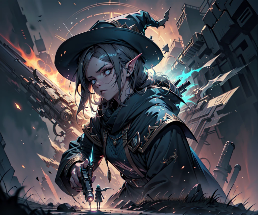 (very detailed 8k wallpaper), medium shot of a  necromancer, particle lighting, high detail, dramatic, gatling gun in hand, clean background, with wizard hat on, background top weapon removed