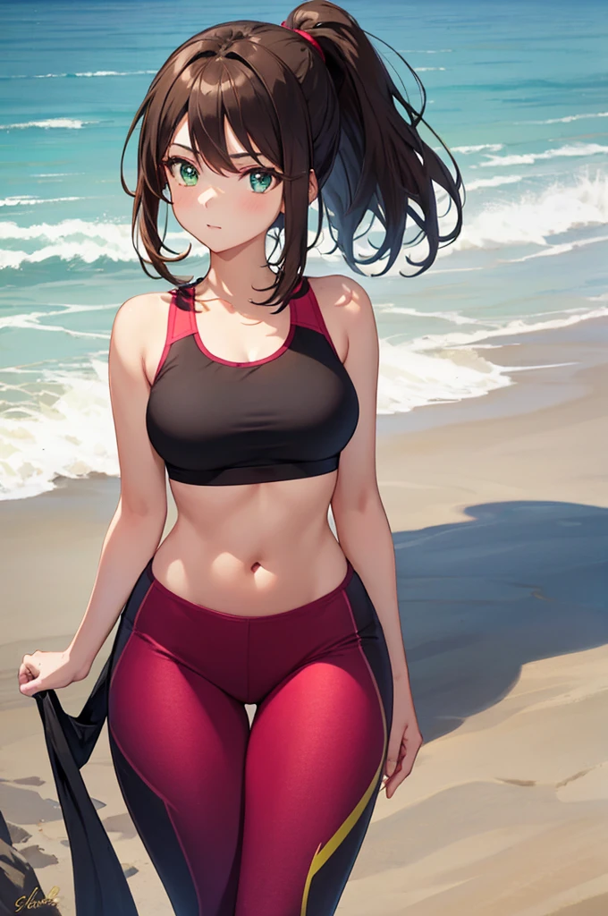 1girl, solo, cowboy shot, facing viewer, medium hair, ponytail, sidelocks, brown hair, (finely detailed beautiful eyes: 1.2), green eyes, toned, medium breasts, visible belly, {{black top}}, [[lava red top]], tank top, {{black pants}}, [[lava red pants]], tight sport pants, beach,