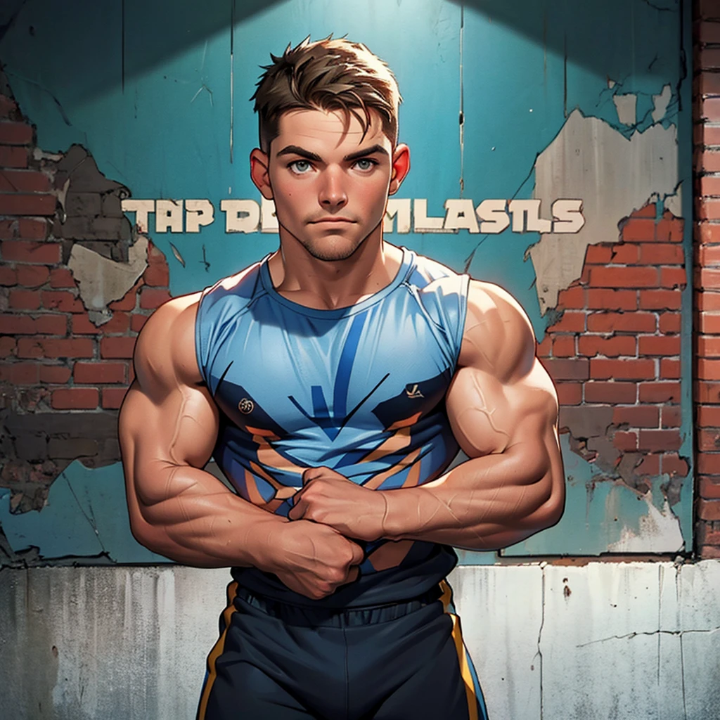 32k, high quality , detailed face , detailed hands , detailed muscles , stephen amell standing and posing in a gym hall ,standing with spread legs, showing his muscles, background brick wall with star movies posters