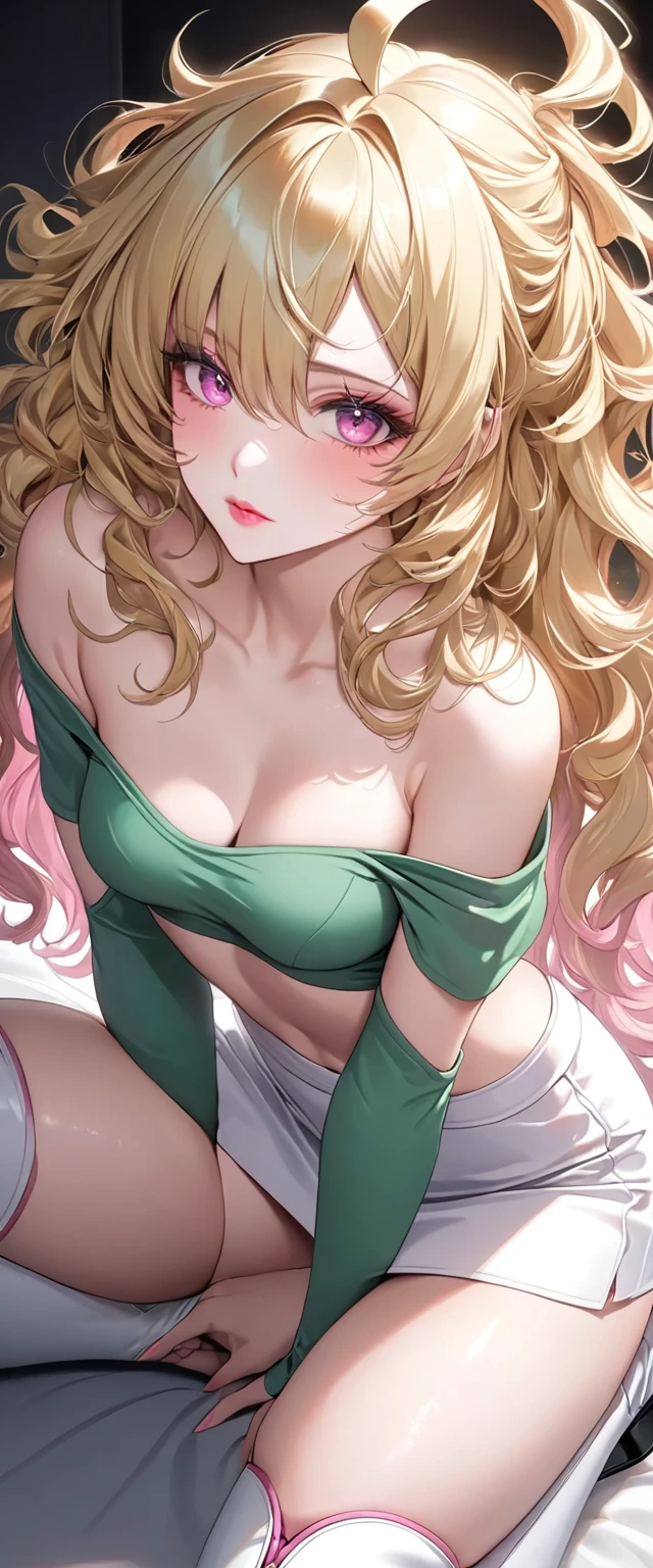 nsfw, (Perfect Anatomy)、Mastepiece、Ultra High Quality、 8k、masterpiece、Highest quality、Ultra-high resolution、Maximum resolution、Very detailed、Professional Lighting、anime、woman、thin、Very beautiful face、Very beautiful eyes、(Highly detailed eye)、Highly detailed face、Blonde, (ahoge), wavy hair, Pink eyes, blonde hair green dip-dye hair, stomach cutout, thigh boots, high heels, white mini pencil skirt, white off shoulder, makeup, eyeliner, eye shadow, pink cheek, pink lips, full body, Extending legs while crossed