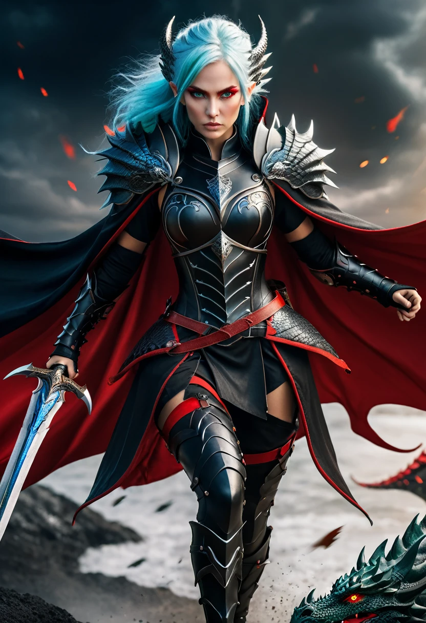 Nordic warrior woman, black outfit with red details, clothing detailed in an armor, wearing cape, blue hairs, green eyes all over, fighting a dragon behind, epic.