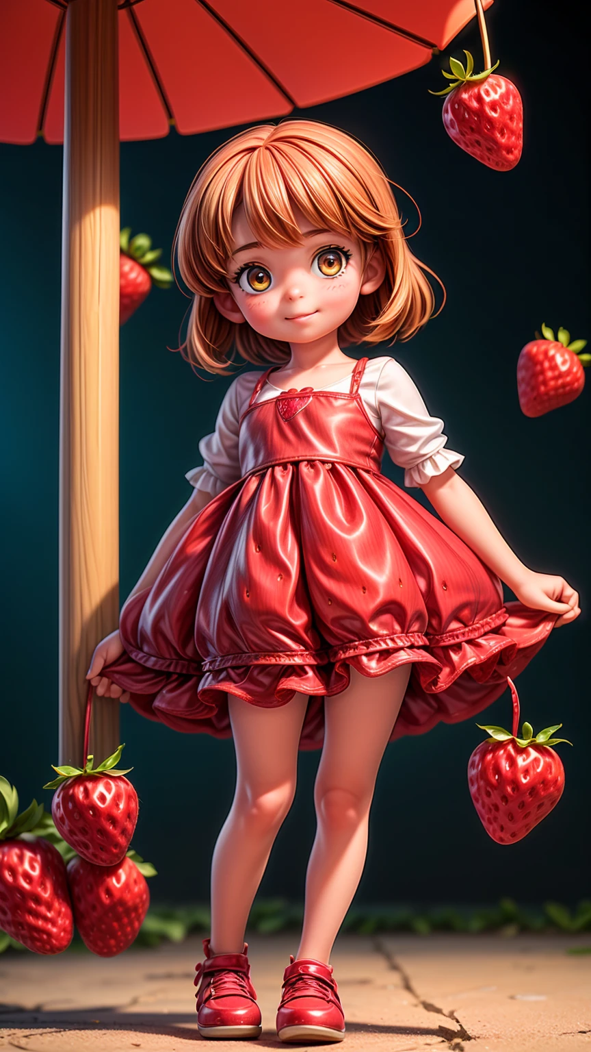 one large strawberry with a girl's face and limbs、逃げる