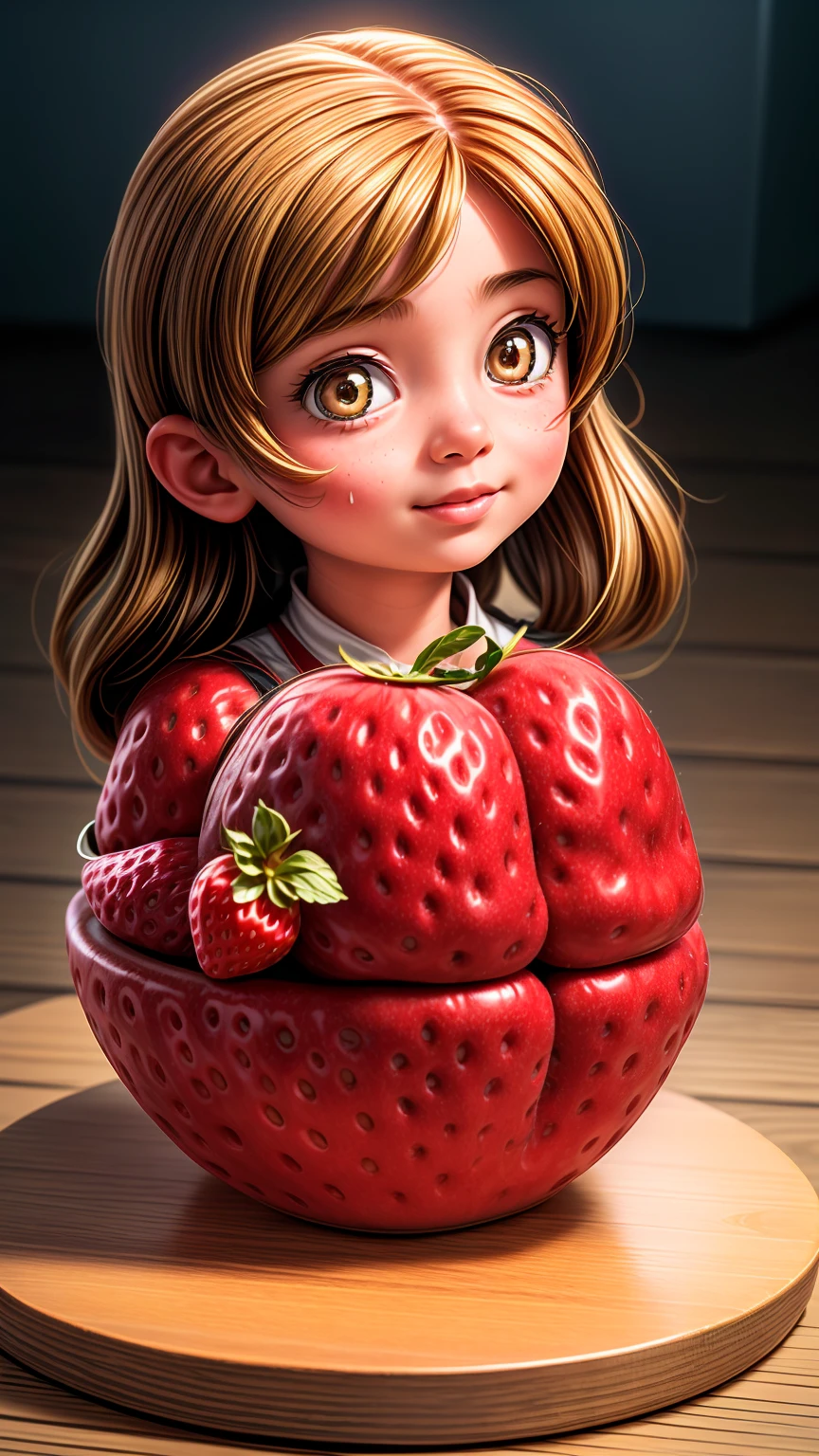 A large strawberry with a girl's face and limbs, running away from a cat before being eaten