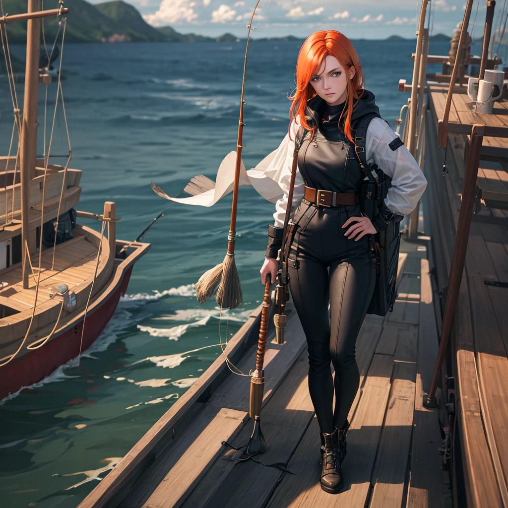 (masterpiece:1.2), best quality, Photo of beautiful female fisherman, Ginger hair, 40 years old, Wear a raincoat, (On fishing boats:1.3), dark clouds, PhotoPractical, HyperPractical, Ultra Detailed, Analog style, Hips lifted, dignified, Low-cut, Delicate skin, Matte Skin, Soft lighting, Subsurface scattering, Practical, Heavy shadows, masterpiece, best quality, ultra Practical, 8K, Golden Ratio, complex, High Detail, Film Photography, Soft Focus