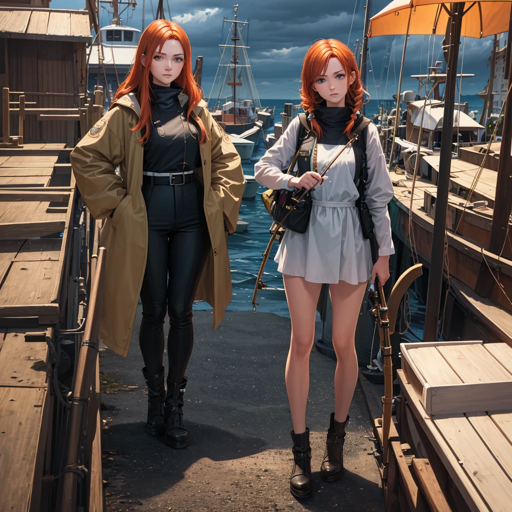 (masterpiece:1.2), best quality, Photo of beautiful female fisherman, Ginger hair, 40 years old, Wear a raincoat, (On fishing boats:1.3), dark clouds, PhotoPractical, HyperPractical, Ultra Detailed, Analog style, Hips lifted, dignified, Low-cut, Delicate skin, Matte Skin, Soft lighting, Subsurface scattering, Practical, Heavy shadows, masterpiece, best quality, ultra Practical, 8K, Golden Ratio, complex, High Detail, Film Photography, Soft Focus