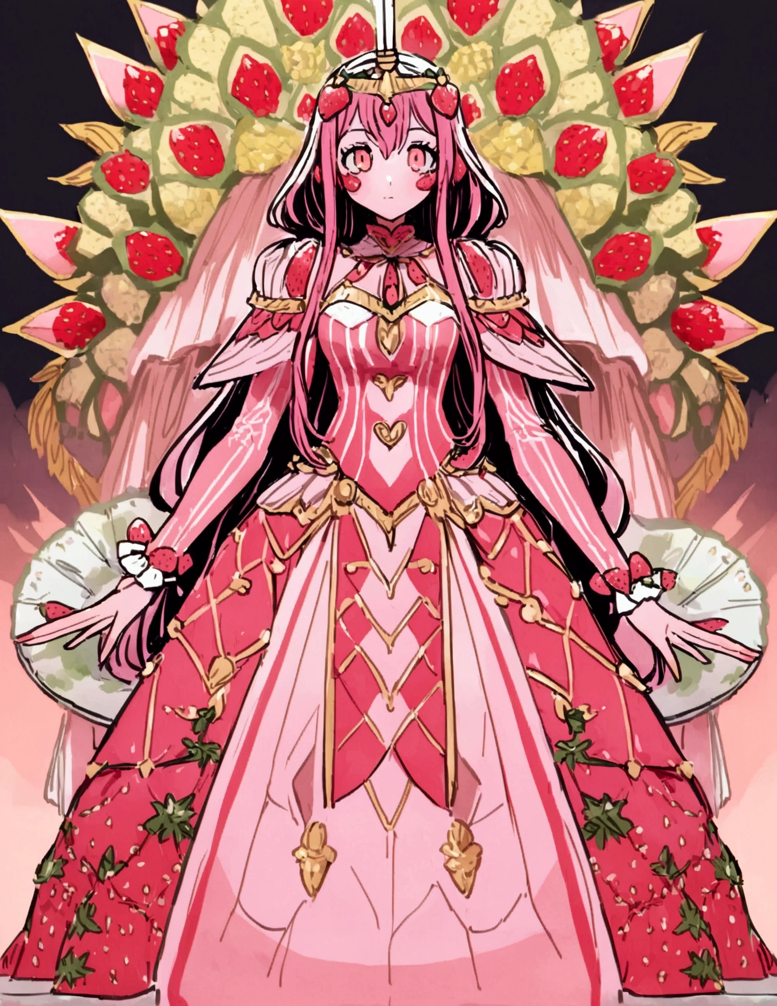 A Strawberry Knight (female, strawberry like face, strawberry themed and decorated plate mail (electric pink tint), strawberry decorated sword) standing at attention by the pineapple king, fruit salad city medieval themed
