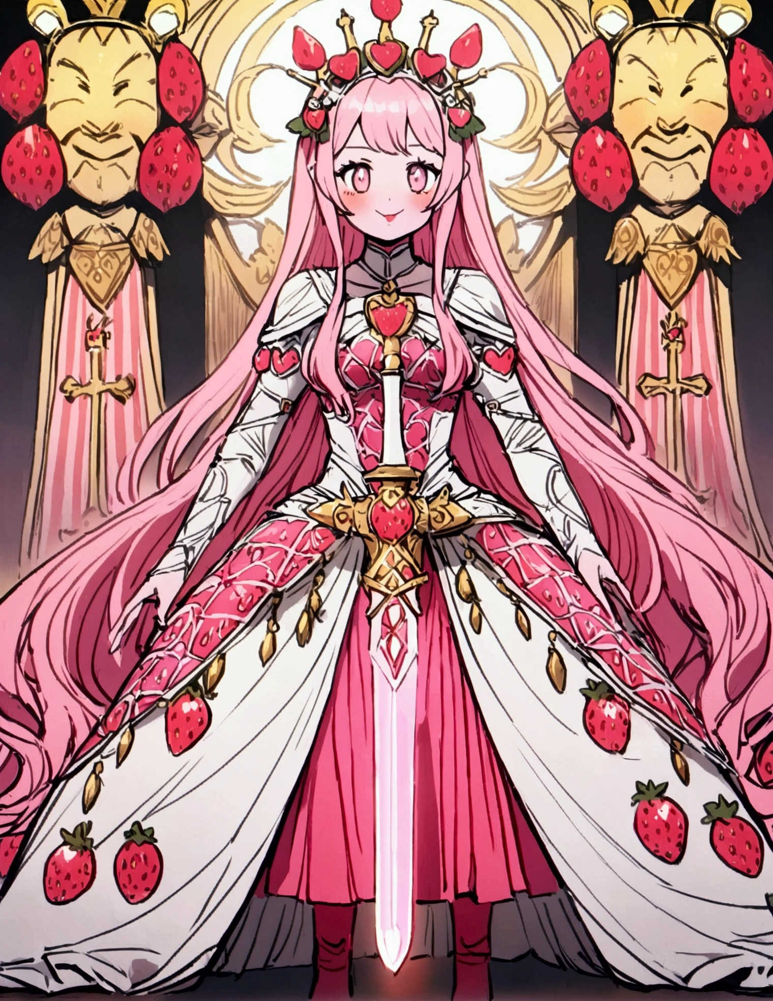 A Strawberry Knight (female, strawberry like face, strawberry themed and decorated plate mail (electric pink tint), strawberry decorated sword) standing at attention by the pineapple king, fruit salad city medieval themed