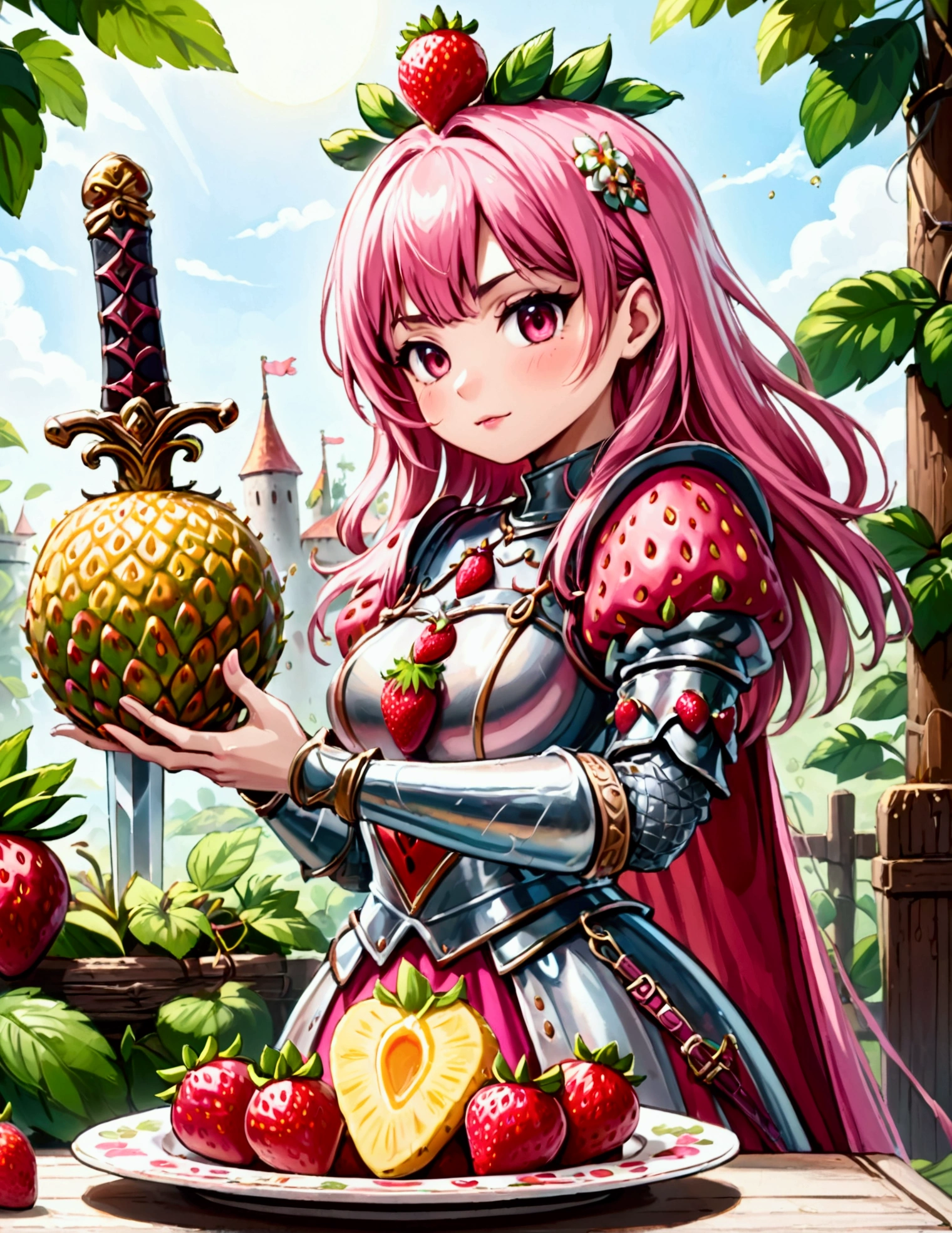 A Strawberry Knight (female, strawberry like face, strawberry themed and decorated plate mail (electric pink tint), strawberry decorated sword) standing at attention by the pineapple king, fruit salad city medieval themed
