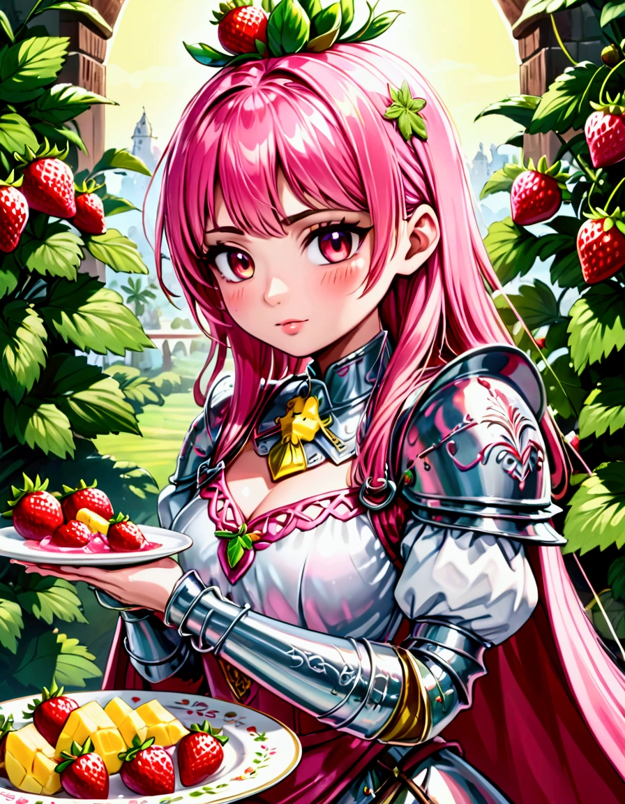 A Strawberry Knight (female, strawberry like face, strawberry themed and decorated plate mail (electric pink tint), strawberry decorated sword) standing at attention by the pineapple king, fruit salad city medieval themed