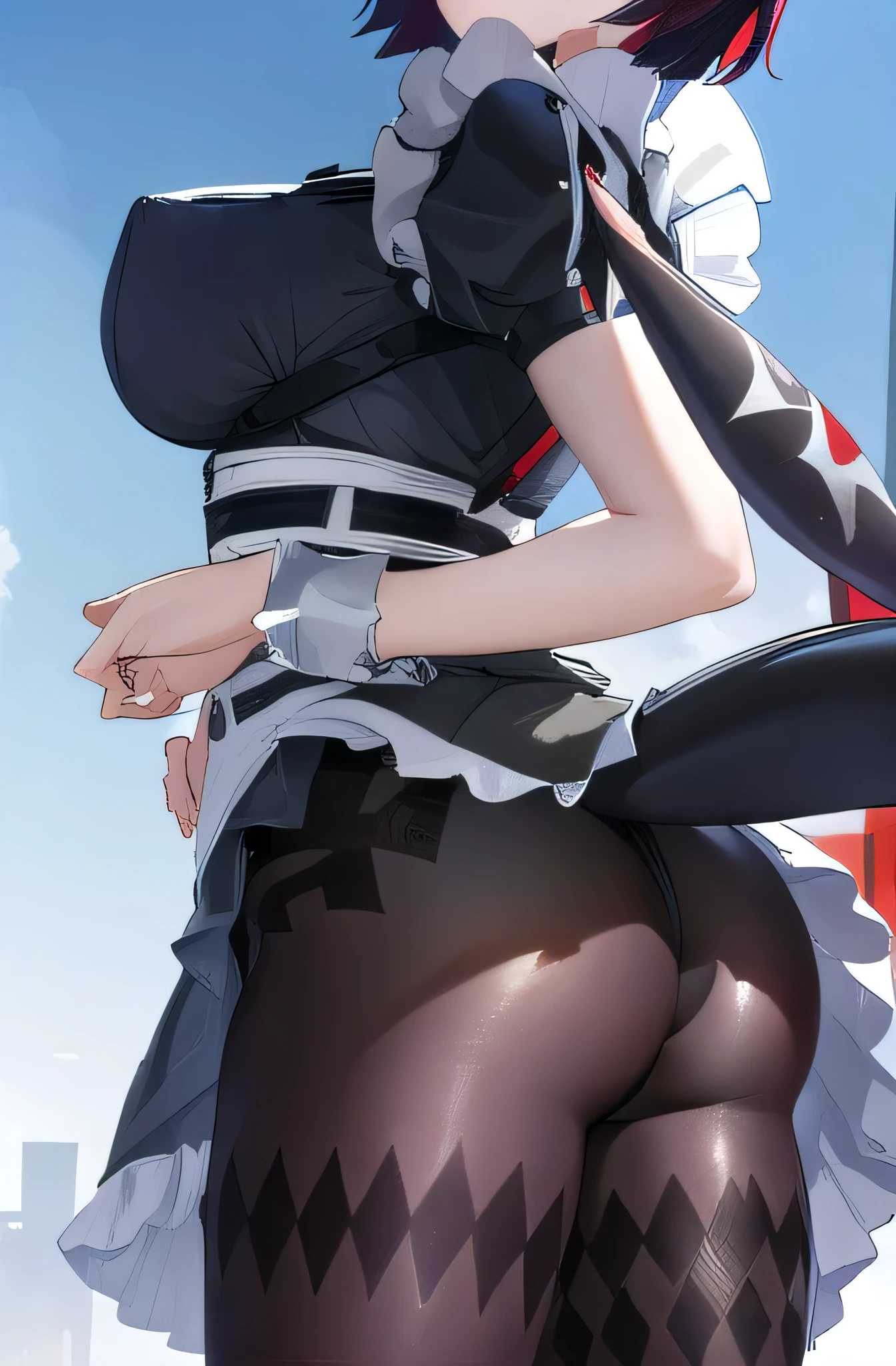 ellenjoe, ellen joe, black hair, colored inner hair, multicolored hair, (red eyes:1.3), red hair, short hair, two-tone hair,
BREAK bapron, black pantyhose, black shirt, black skirt, ear piercing, fins, fish tail, maid, maid apron, maid headdress, pantyhose, piercing, puffy short sleeves, puffy sleeves, shark girl, shark tail, shirt, short sleeves, skirt, tail, two-tone hair, wrist cuffs,
BREAK outdoors, city, sky, clouds, sun, buildings, crowd, people, alley,
BREAK looking at viewer,
BREAK (masterpiece:1.2), best quality, high resolution, unity 8k wallpaper, (illustration:0.8), (beautiful detailed eyes:1.6), extremely detailed face, perfect lighting, extremely detailed CG, (perfect hands, perfect anatomy), sexy, ass visible, bubble butt, close up, presenting ass, doggy style, ass focus, pop on mouth