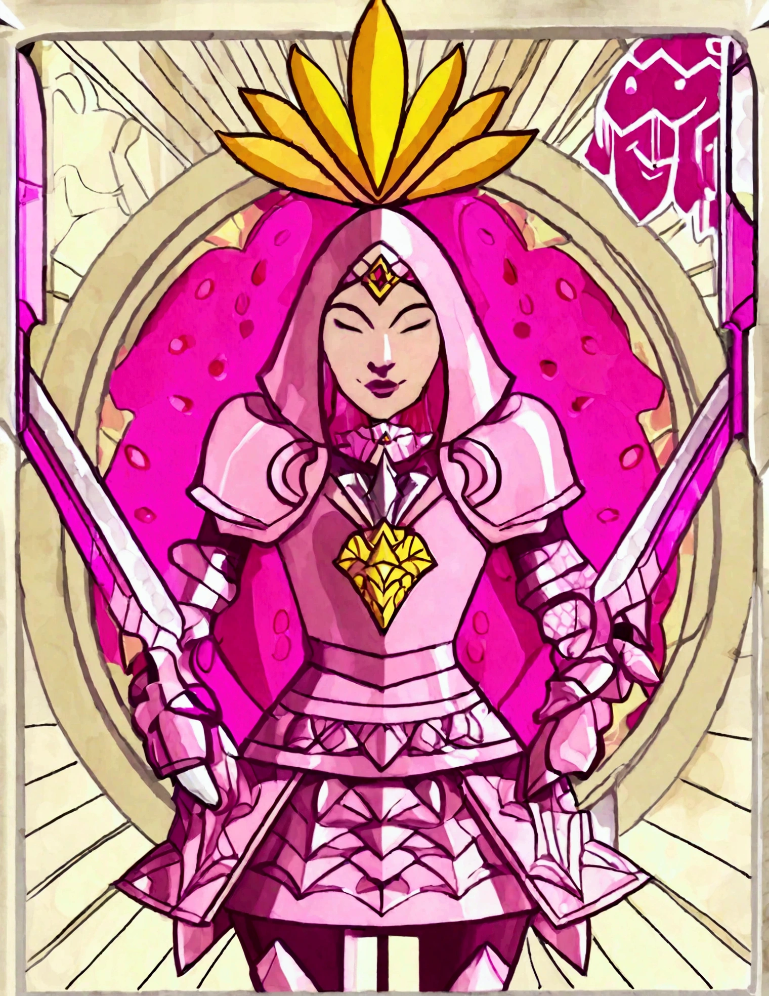 A Strawberry Knight (female, strawberry like face, strawberry themed and decorated plate mail (electric pink tint), strawberry decorated sword) standing at attention by the pineapple king, fruit salad city medieval themed
