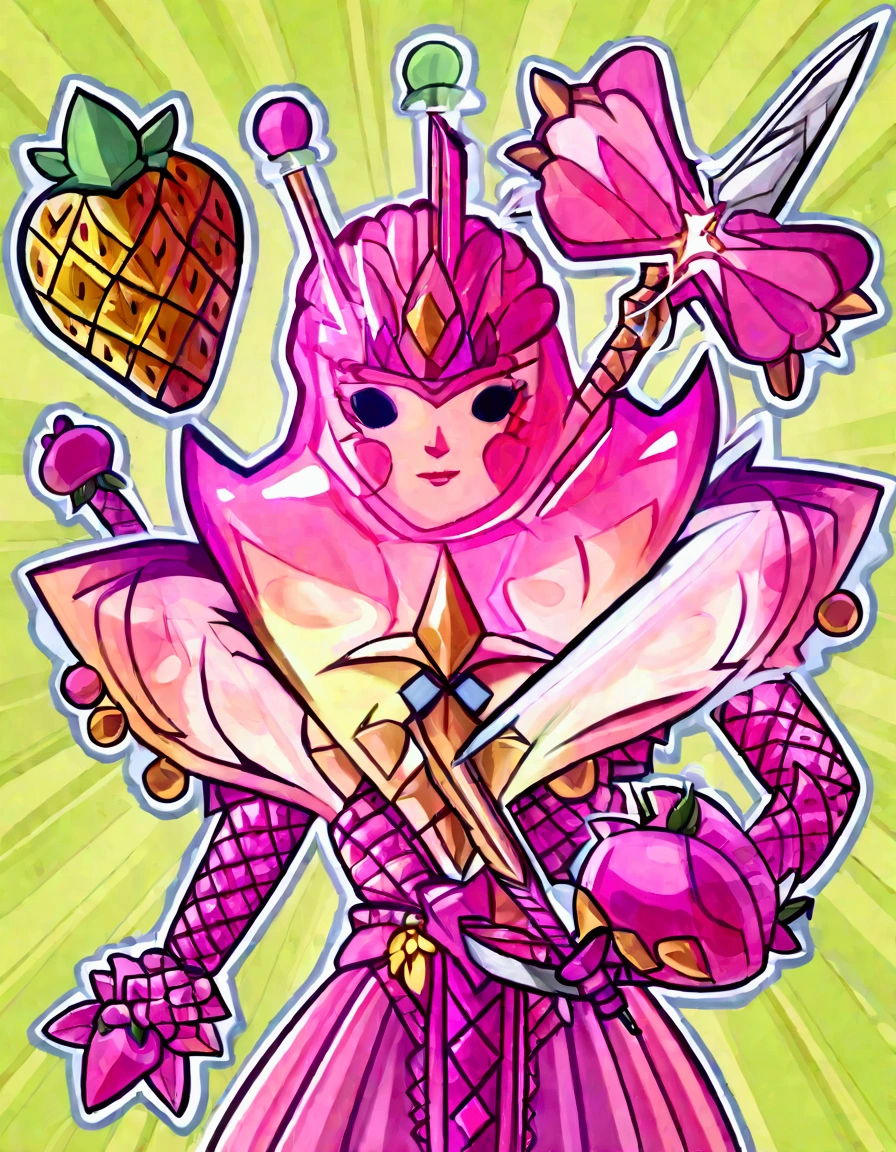 A Strawberry Knight (female, strawberry like face, strawberry themed and decorated plate mail (electric pink tint), strawberry decorated sword) standing at attention by the pineapple king, fruit salad city medieval themed