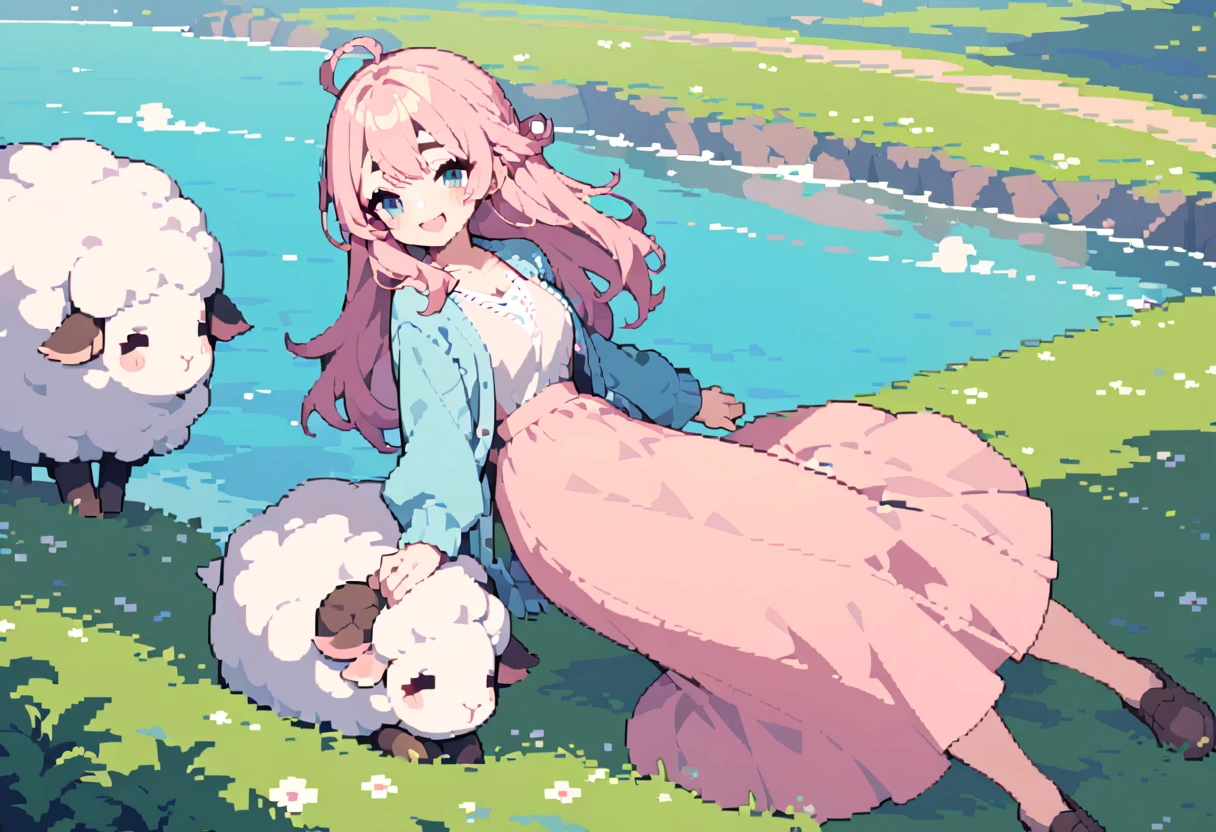 masterpiece, Highest quality, 8k, Beautiful pixel art, Vivid, woman, 若いwoman, smile, cute, Directed at an angle, Open your mouth, Fluffy hair, Long Hair, Hair like sheep's hair, Pink Hair, eyebrow, 太いeyebrow, Pink dress, Long skirt, Light blue cardigan, Brown shoes, ((羊 AND woman, Playing by the water)), grassland