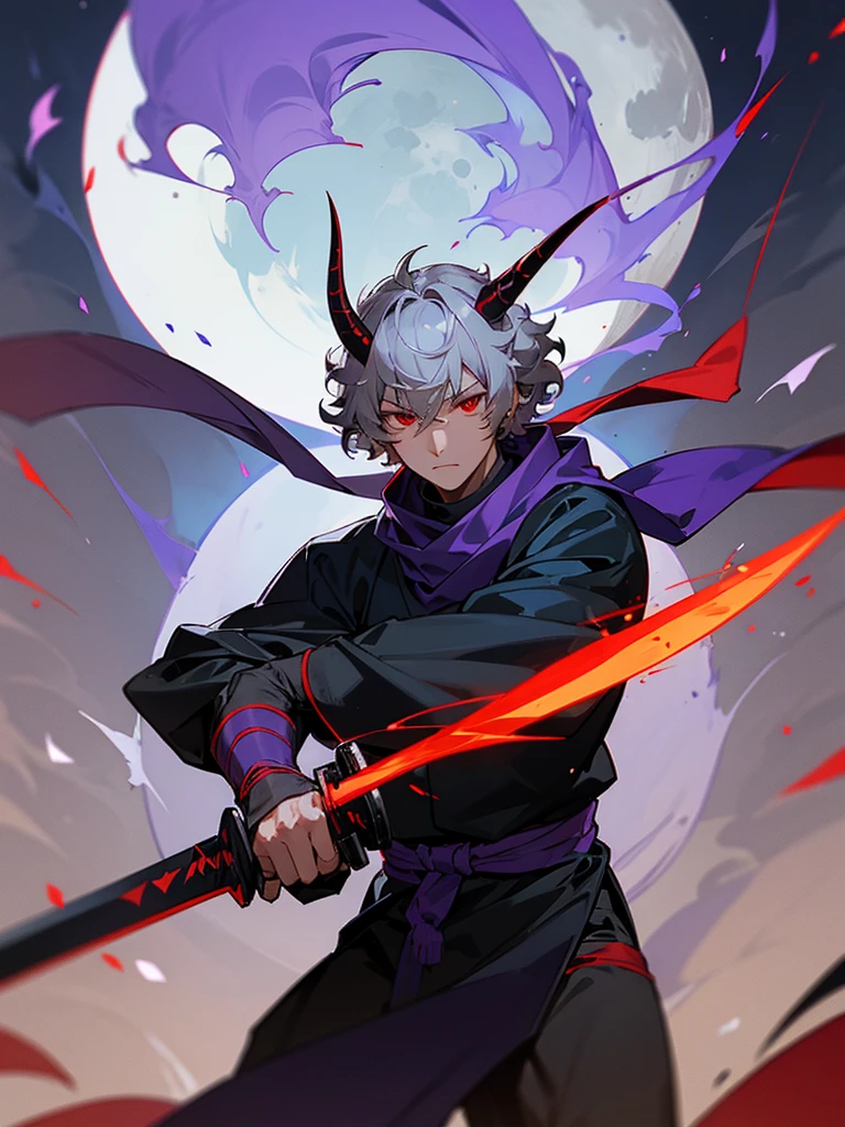 Gray Hair, Curly Hair, short hair, Horn, Black Ninja Costume, Holding a sword, 赤 full moon, male, Red eyes, Purple scarf, Blue Flame