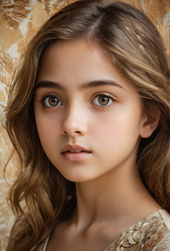 (Absurd:1.5), (Masterpiece:1.3), stunning masterpiece in the grain technique featuring a teenage girl with large, expressive eyes. The composition focuses on her upper body, showcasing a graceful tilt of her neck. She gazes directly at the viewer, evoking a sense of connection and intrigue. The background is softly blurred to emphasize her delicate features and the intricate details of the grain texture.