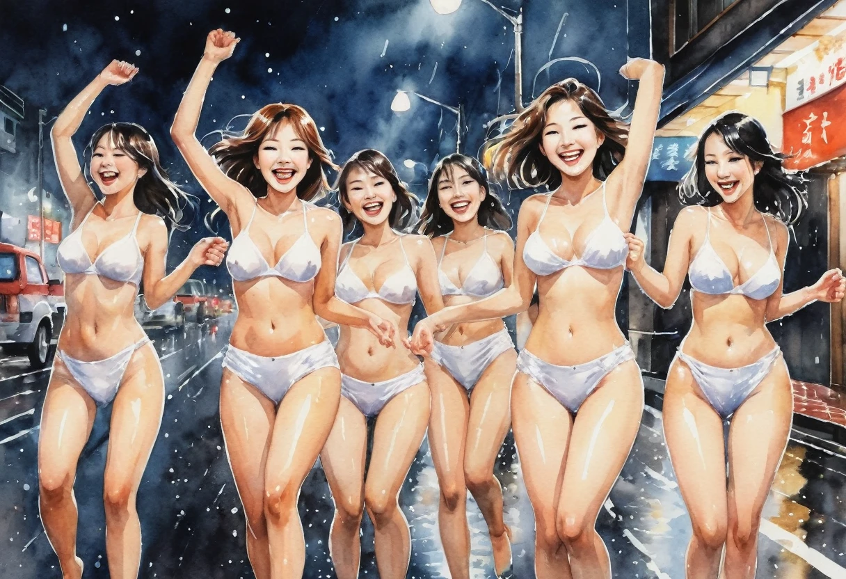 Japanese watercolor painting, multiple girls, white panties, topless, nipples, wet skin, holding a bra, smiling joy, dancing on the asphalt on a stormy night