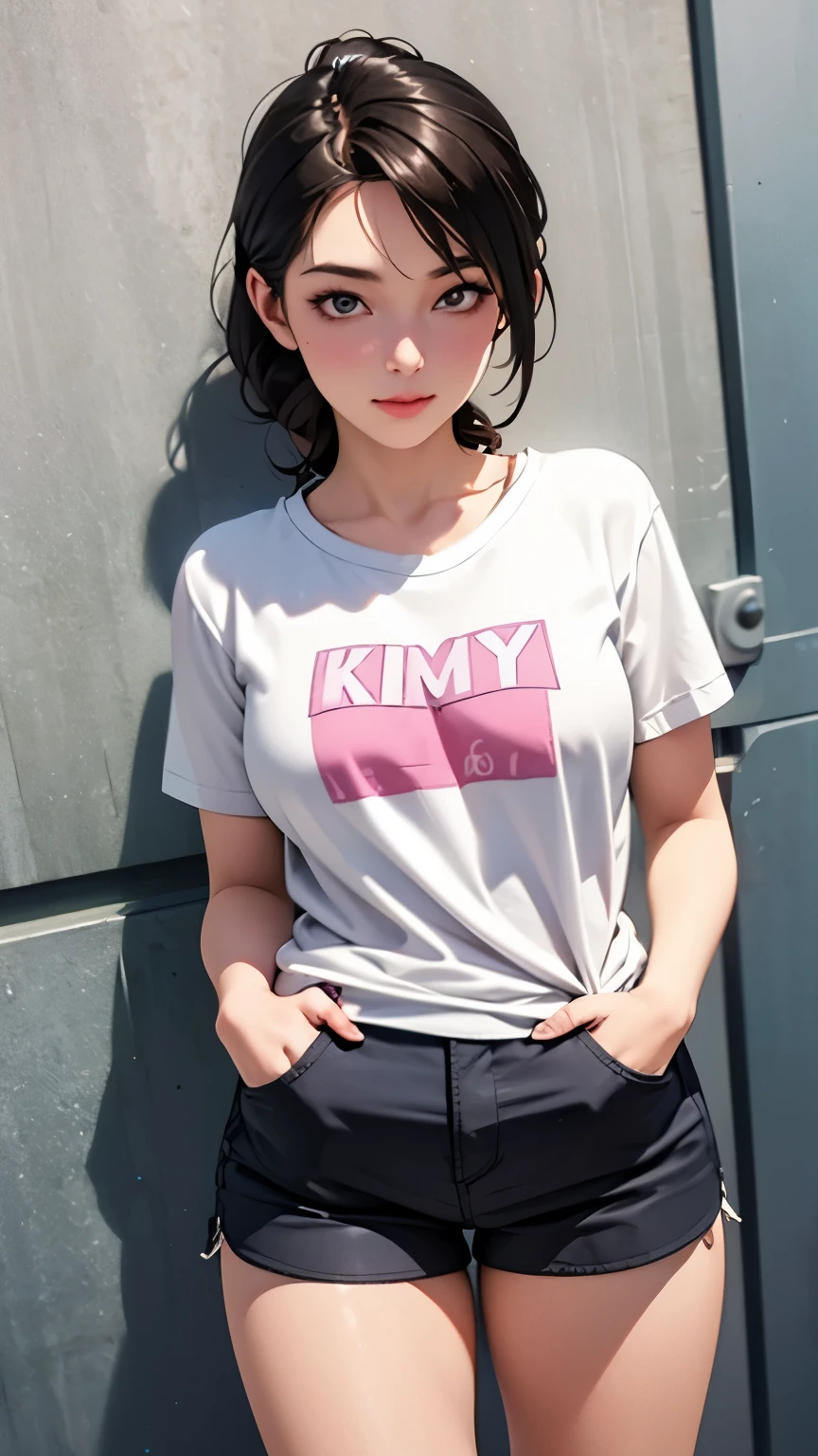 Adorable girl, very cute, round face, solo, slim, medium breasts, short height, madly adorable, shiny skin, plain white t-shirt, pink shorts, hands in pockets, (((kissed face)))