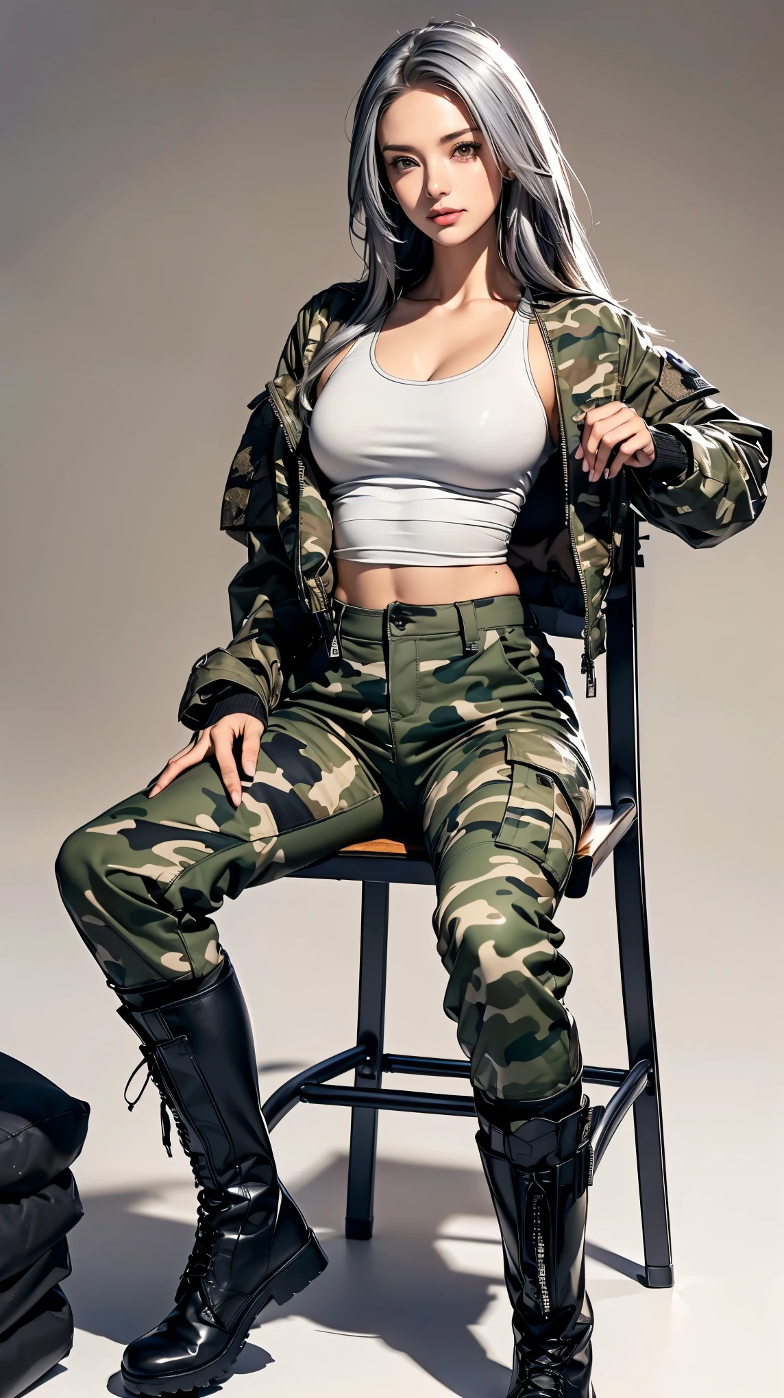 Realistic, masterpiece, Highest quality, Highest Resolution, Anatomically correct, Accurate Anatomy, (Gray blank background:1.3), (1girl:1.3), (22 years old, Height: 168cm, 8 heads:1.3), Shot from thigh up, (Thick thighs:1.2), (Long Hair, Straight Hair, Silver Hair:1.3), (Squint your eyes, Sharp Eyes, (Iris:1.2)), (Hidden eyelid wrinkles:1.2), Thin eyebrows, Draw eyelashes carefully, Natural Makeup, Pull your chin, Show some teeth, Grin, Slightly to the side, ((Black ma-1 jacket), Black tank top, Camouflage pattern cargo pants, Brown combat boots, Fingerless gloves in the same color as the boots:1.3), (Random model poses sitting on a metal chair:1.2)