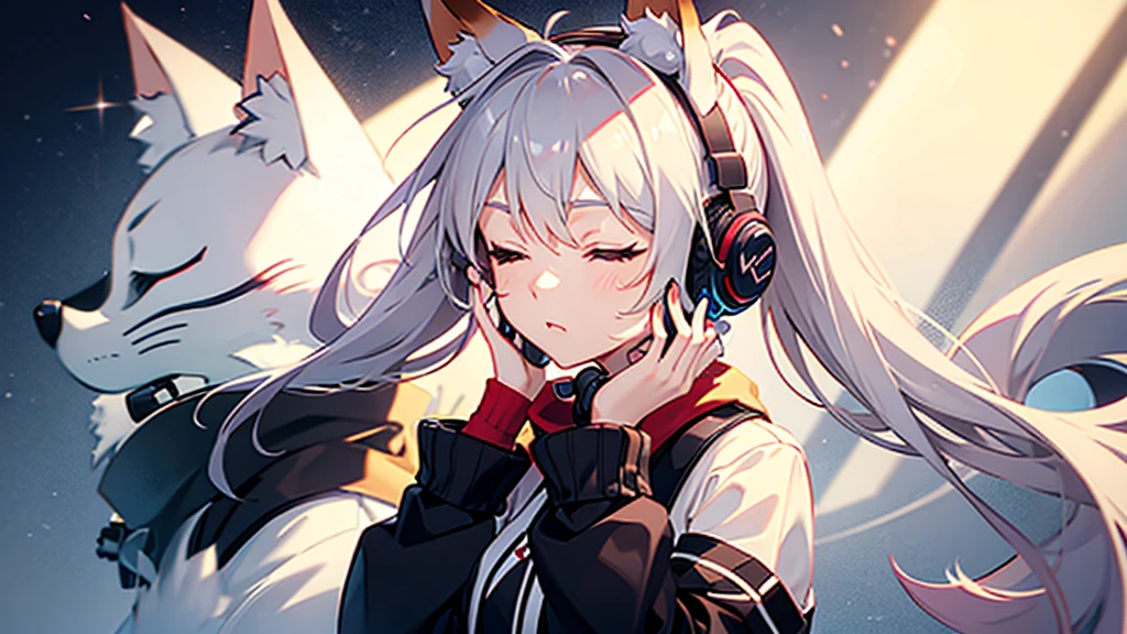 Fox ears head accessory, ponytail hair style, Eyes closed, Headphones, Hands on headphones,