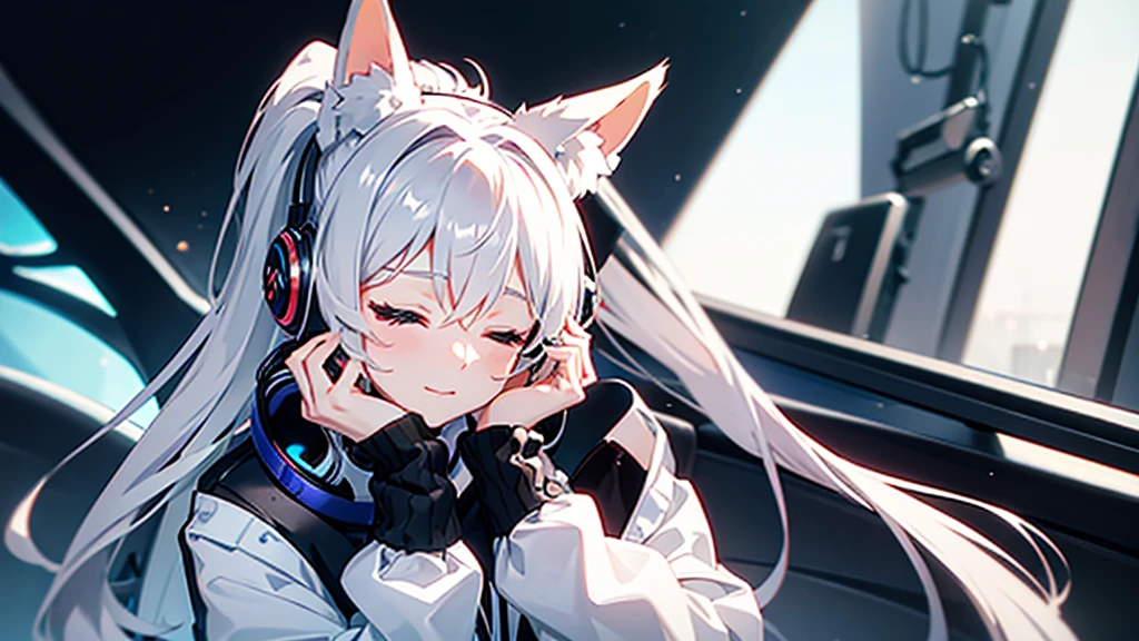Fox ears head accessory, ponytail hair style, Eyes closed, Headphones, Hands on headphones,
