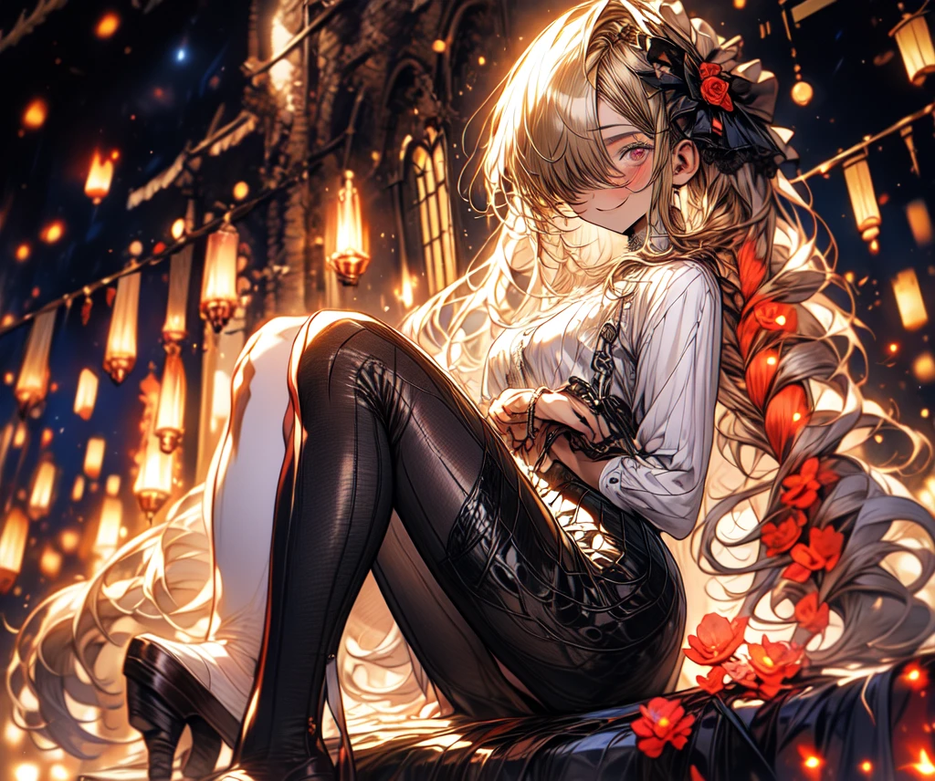 masterpiece, best quality, absurdres, looking at viewer, solo, rita rossweisse (summer night's dream), rita rossweisse, shirt, pantyhose, red rose, red eyes, blonde hair, long sleeves, mole under eye, hair over one eye, frilled shirt, white shirt, seductive smile, (ulzzang-6500:0.8), long hair, day, outdoors black pantyhose