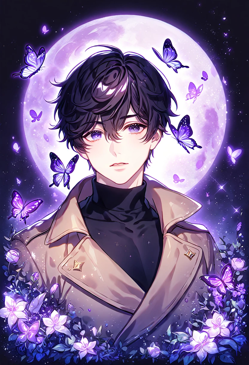 (absurdres, highres, ultra detailed, HDR) master piece, best quality, extremely detailed, delicated features, Han Yoohyun, black hair, expressive gray eyes, The S-Classes That I Raised, solo, sexy man, handsome, sensual, brown coat, black tight turtleneck shirt, fantasy, magical, glittering, shining, purple flames, purple moon, purple flowers, purple butterflies, garden