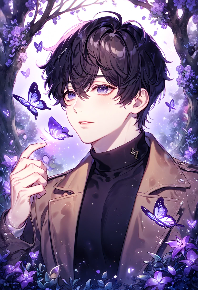 (absurdres, highres, ultra detailed, HDR) master piece, best quality, extremely detailed, delicated features, Han Yoohyun, black hair, expressive gray eyes, The S-Classes That I Raised, solo, sexy man, handsome, sensual, brown coat, black tight turtleneck shirt, fantasy, magical, glittering, shining, purple flames, purple moon, purple flowers, purple butterflies, garden