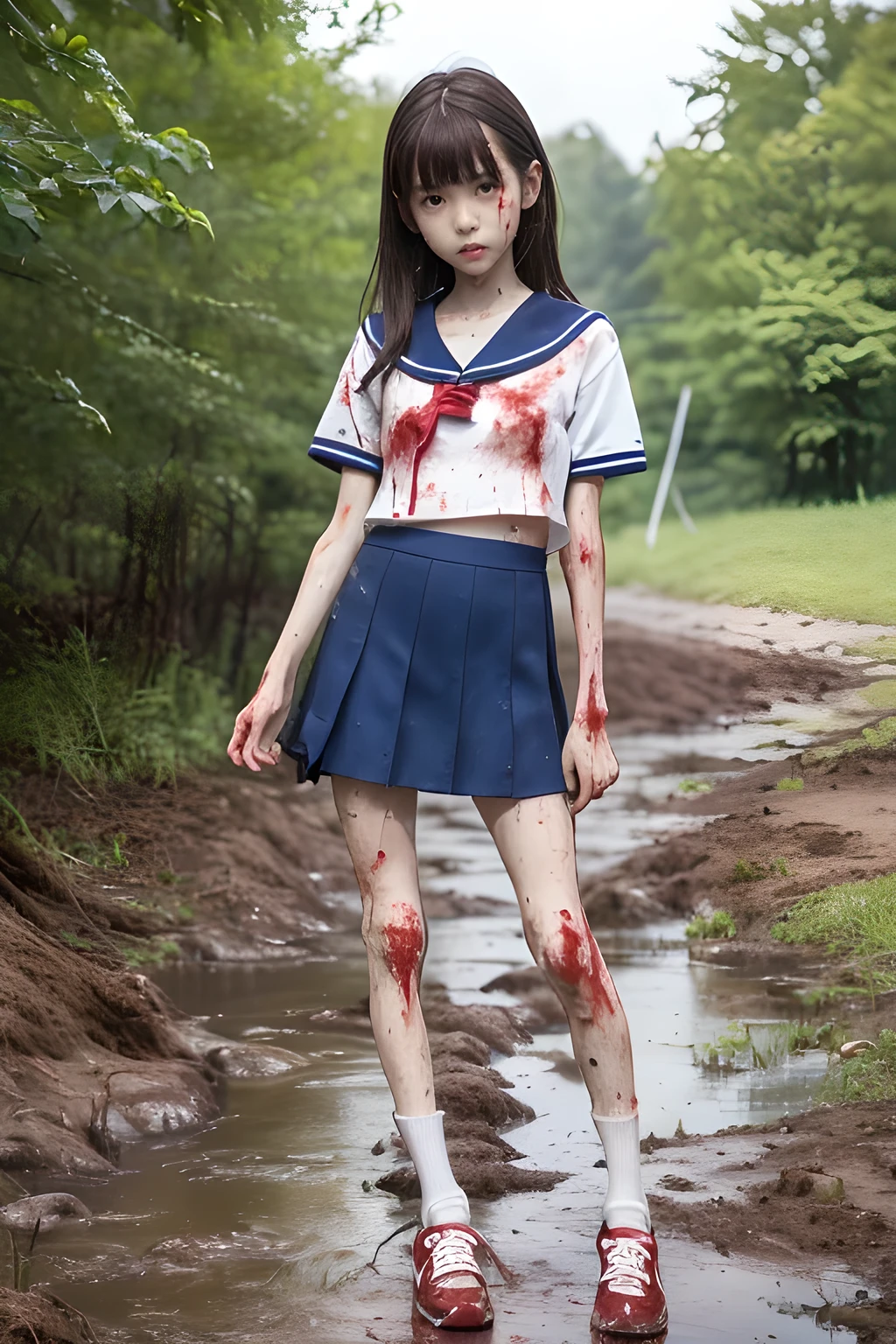 (8K、RAW Photos、highest quality、masterpiece:1.2), (Realistic、Photorealistic:1.2), (High resolution skin:1.1), Beautiful young girl,japanese, ,small breasts,(Slender girl:1.4),(Thin legs:1.5),(dark blue mini skirt:1.1),sailor suit,( White high socks:1.1), Short sleeve,sneakers, whole body,schoolyard,(standing),(dirty legs),(muddy legs:1.2),(wounds,bloody legs:1.5)