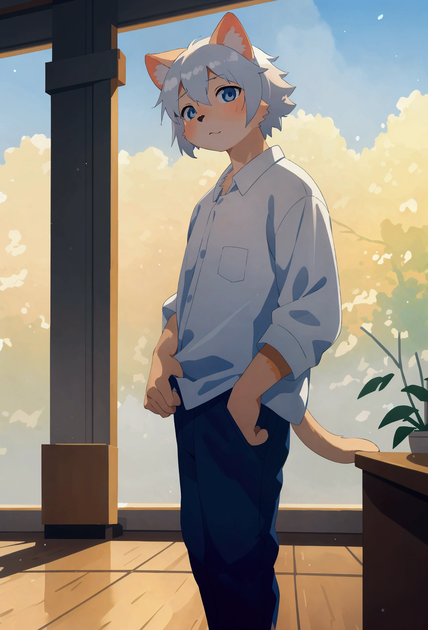 ((kemono)), white fur, white shirt, pants, cat ears, standing, blue eyes, BREAK, watercolor \(artwork\), by Hasui Kawase, detailed background, detailed foreground, depth of field, ambient silhouette, backlighting, blurred background, white background, sky, grass, plant