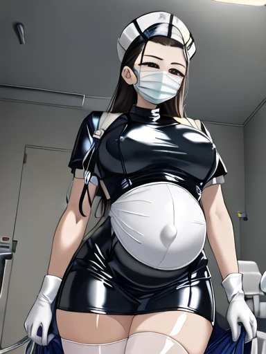 ((masterpiece, 最high quality, high quality)),One girl, (Lower Body, hospital), (latex_nurse_Surgery, During pregnancy, Mouth mask, latex, gloves, Surgery mask, Surgery cap, latex bodysuit,Long dress),