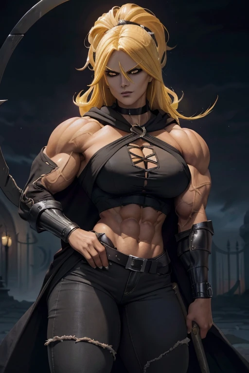 (((Close-up))), tall, (yellow hair) beautiful muscular female grim reaper, long flowing hair, brown skinned, closed smile, large breast, (black lipstick), (massive muscles), (hyper muscle), ((ginormous bulky muscles)), gray eyes, (((black reaper cloak))), (black jeans), ((holding a crescent scythe)), gauntlets, choker, boots, (in a dark realm)