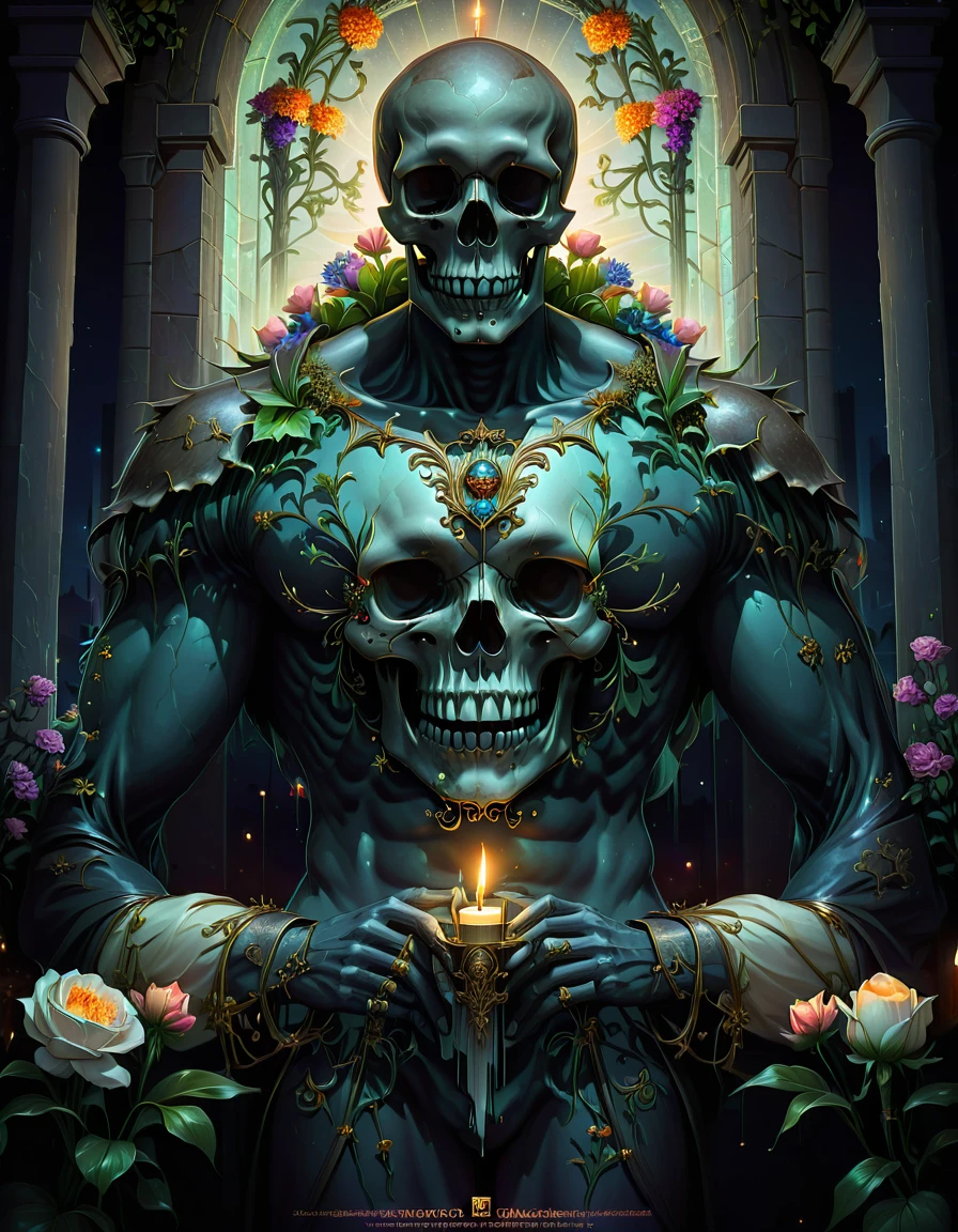 Art deco masterpiece, alpha male, at night, cemetery, flowers, skull, nightmare, candles, intricately detailed, sharp focus, extremely detailed, dark fantasy, glowing, colorful painting, rich color, HDR, octane render, digital illustration, cinematic light, art by [ Sachin Teng, Alphonse Mucha, Jean Dupas, Eugène Grasset ]