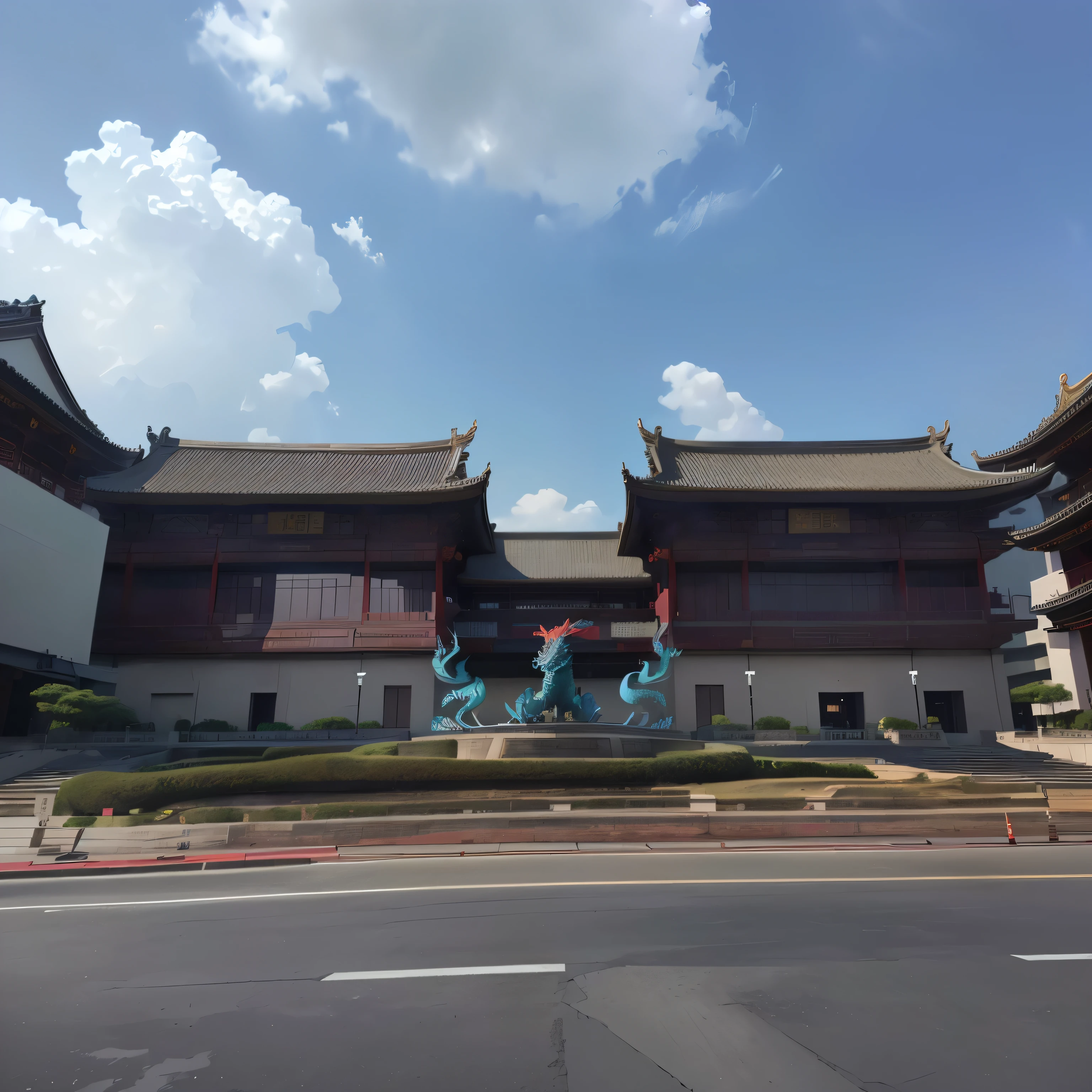 There is a building there,There is a dragon statue in front,A huge sculpture,Shot with Sony a7r camera, Front view, Front view, Mid-shot, Chinese Architecture, Full view, Facing forward
