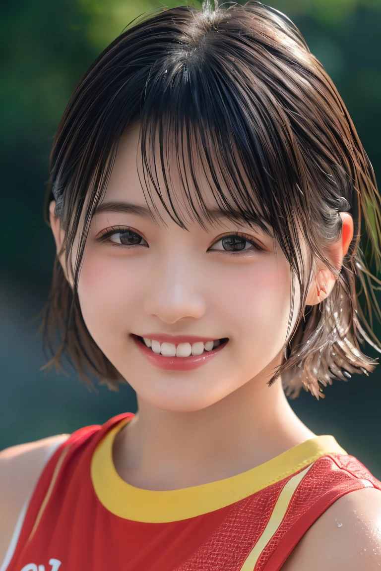 Single-lens reflex camera、Highest quality、Ultra-high resolution、(Photorealistic:1.4)、(Top quality real texture skins), 8k、Soft lighting, Japanese women、20-year-old、cute、Short Hair、Silver Hair、Sweat、Wet clothes, Wet Skin, Wet Hair,(Detailed aspect)、A light smile、Looking into the camera、Upper Body、Basketball team uniforms、sunny、((Laughing with your mouth open,Perfect Teeth,Perfect alignment of teeth,A big smile,The cutest smile:1.0)),