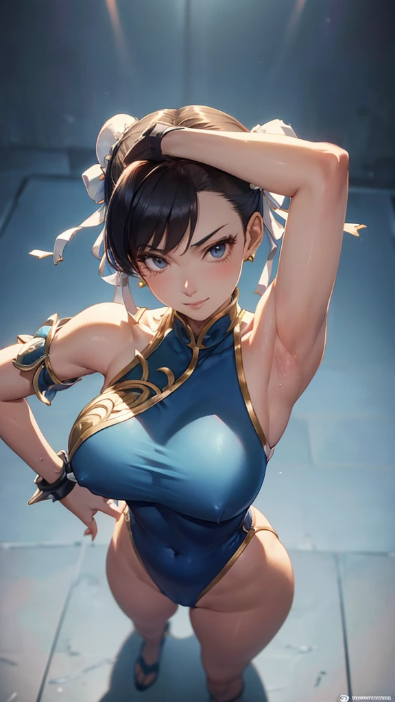 juri han,,viewed from the top,looking from above,staring overhead,best qualityer,blue outfit,chun li,solo, masterpiece, best quality, agrias, grey sweater, black leotard, standing, looking at viewer, short hair,The eyes,evil smile, evil look,black gloves,blue outfit,yandere face,low lighting,healed thigh detailed cup,looking forward jury han,Bela,detailed hand(((showing armpits))) colorful background, full body