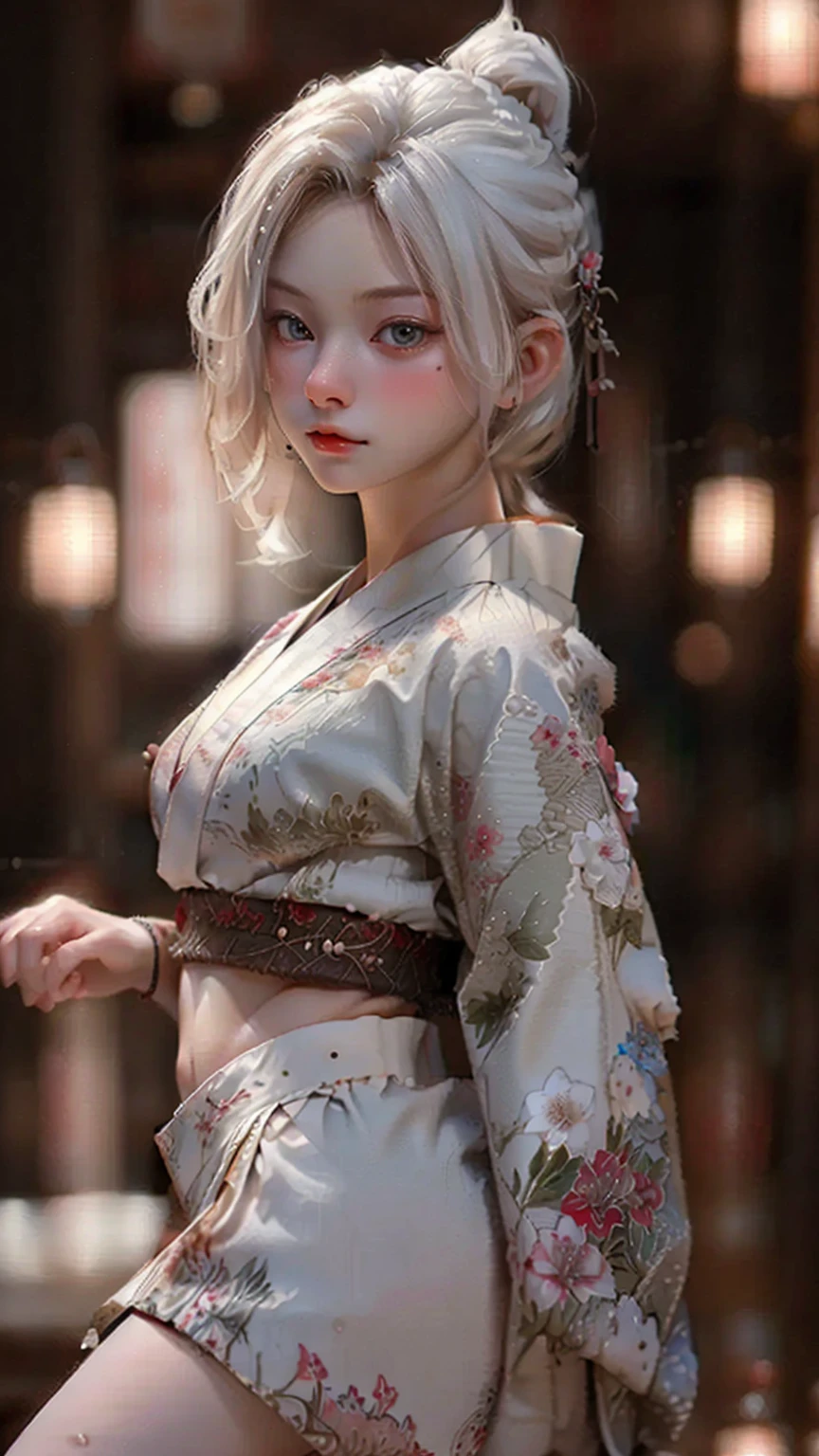 ((best quality)), photorealistic, photorealism, Photorealistic, high resolution, Beautiful, Baby Face, 20 Years Old, White Skin, pale skin, medium breast, seductive pose, dynamic pose, looking at the camera, (Detailed face), short hair, sexy body, (wearing japanese kimono), (japanese flowers motif kimono), Fingers are occluded, bokeh, cafe background