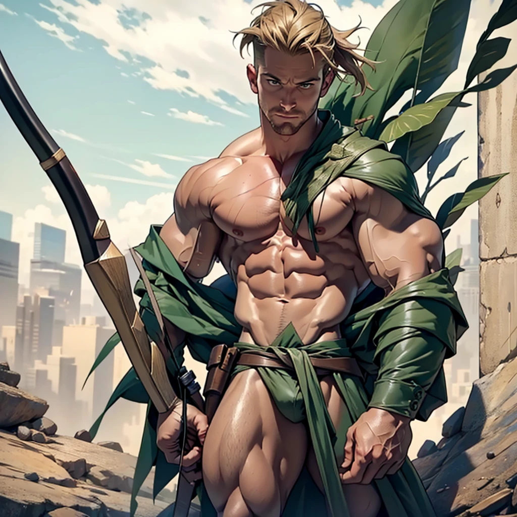 Nsfw , naked,8k, high quality , detailed face , detailed fingers ,detailed muscles, stephen amell as green arrow , totally naked , no cloth, showing balls and a hard cock, , showing a dark blond short hair , a thick facial hair , hard nipples, ,hunk and handsome, shooting with his bow and arrow toward the ennemy , with the quiver on his back full of arrows on the roof , spread legs