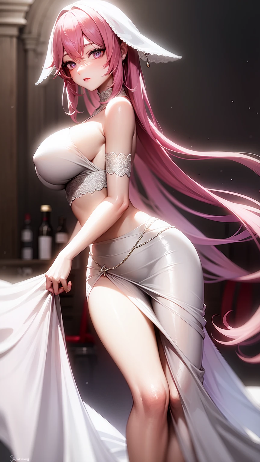 purple eyes,Wedding dress,long skirt,crop top,pink hair