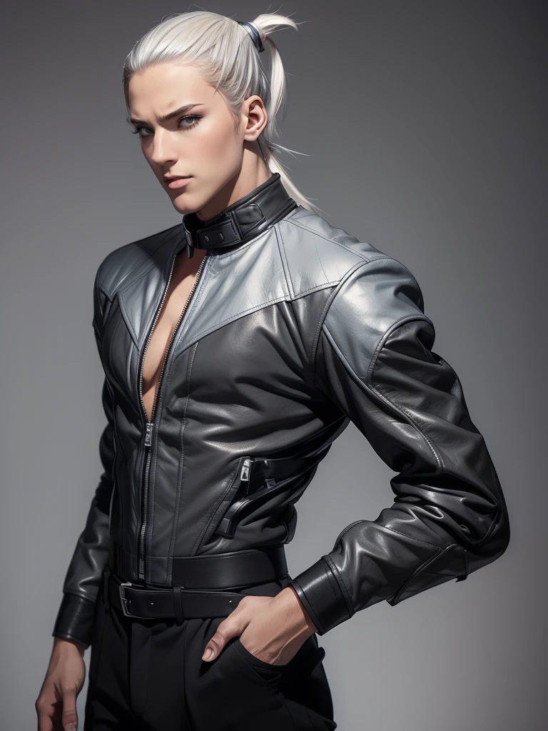 Handsome man , ice blue eyes , silver hair , ((thin ponytail:1.3)), pale skin , sharp chin, thin eyebrows , pronounced nose, black eyelashes, lean body , skinny body , 

Wearing an outfit with futuristic elements, seamlessly blended with the Final Fantasy universe. wears a tailored, military-inspired jacket in deep charcoal, adorned with intricate, laser-cut leather panels that reveal glimpses of metallic silver underneath. The jacket features sharp, angular lines and exaggerated lapels, Underneath, he sports a form-fitting, high-necked bodysuit in a deep shade of amethyst, with intricate embroidery . tailored trousers in charcoal gray, with sleek metallic accents and pockets, Waist up portrait, white background In art style of Olivier Coipel, Tom of Finland, Sean Platter and J Scott Campbell --ar 3:4 --style scenic --niji 5