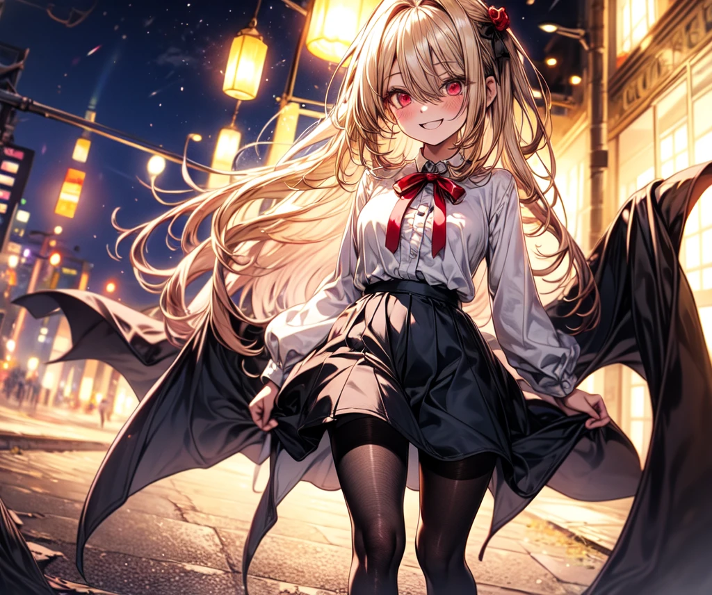 masterpiece, best quality, absurdres, looking at viewer, solo, rita rossweisse (summer night's dream), rita rossweisse, shirt, pantyhose, red rose, red eyes, blonde hair, long sleeves, mole under eye, hair over one eye, frilled shirt, white shirt, seductive smile, (ulzzang-6500:0.8), long hair, day, outdoors black pantyhose