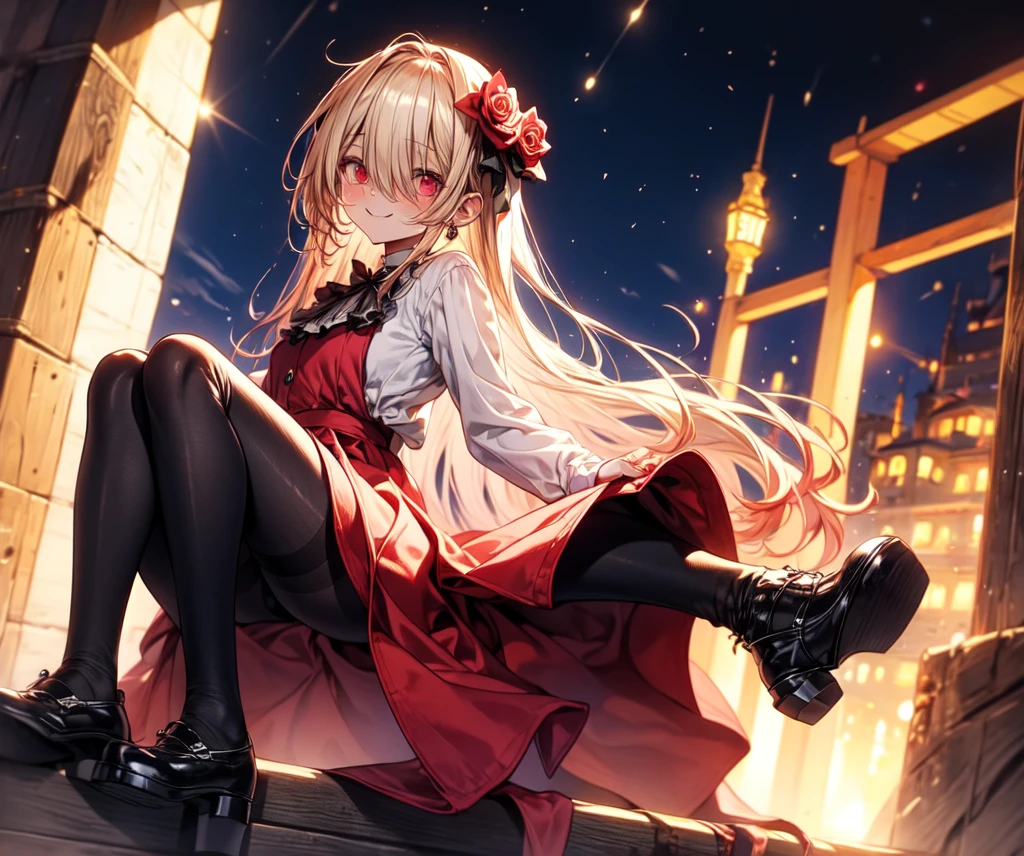 masterpiece, best quality, absurdres, looking at viewer, solo, rita rossweisse (summer ht's dream), rita rossweisse, shirt, pane, red rose, red eyes, blonde hair, long sleeves, mole under eye, hair over one eye, frilled shirt, white shirt, seductive smile, (ulzzang-6500:0.8), long hair, day, outdoors black pantyhos